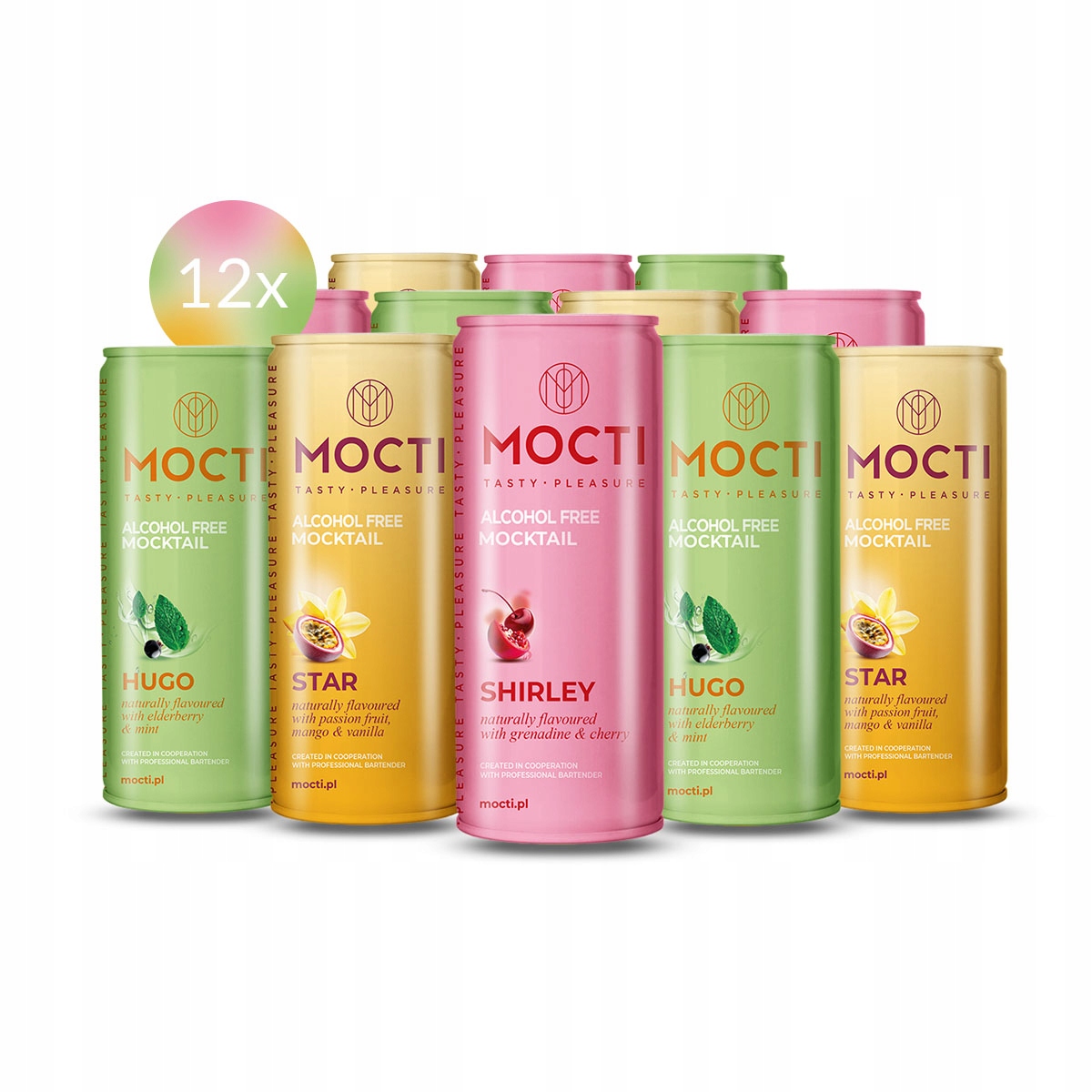 Levně Mocti Směs nealkoholických mocktailů: 4 ks Hugo; 4 ks Shirley; 4 ks Star