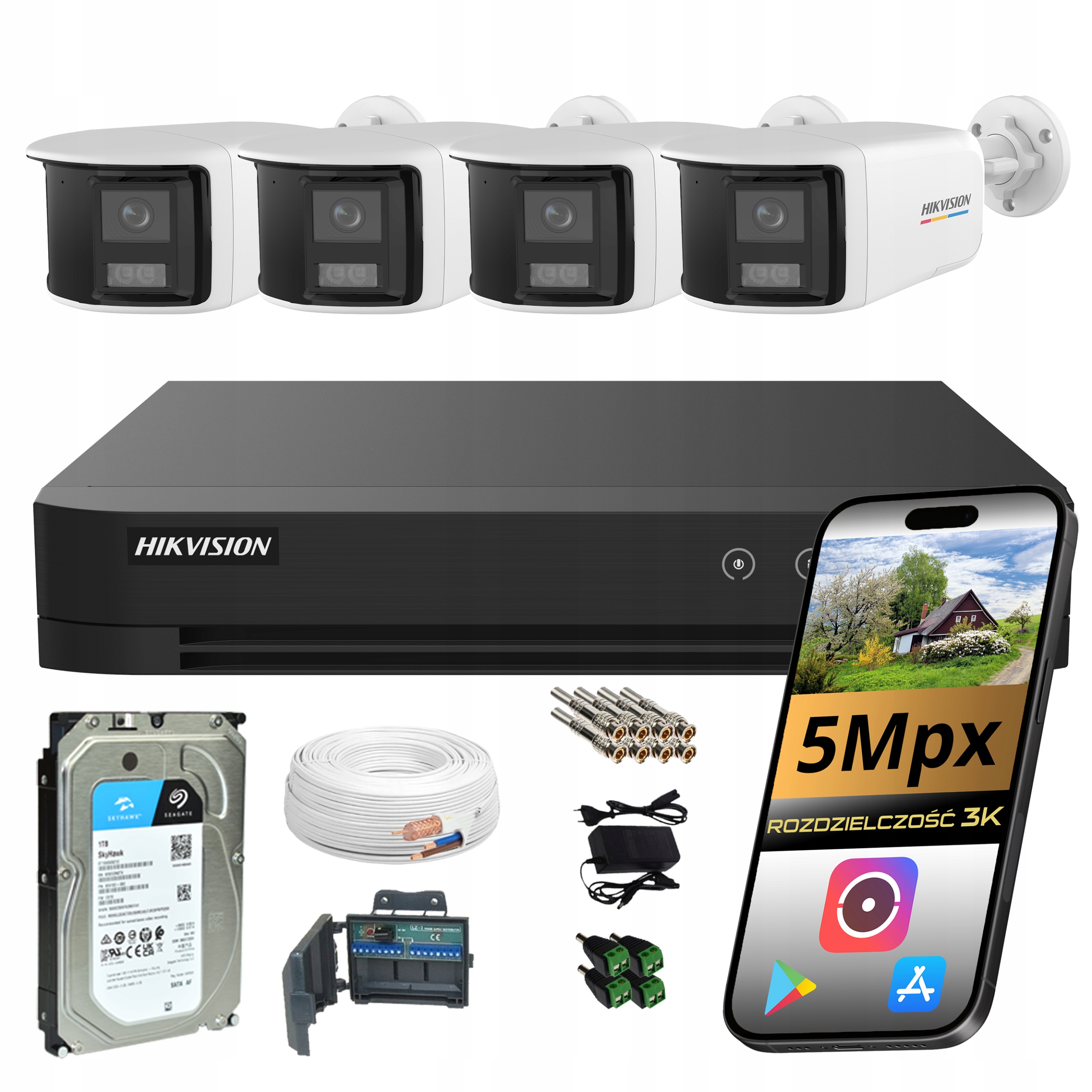 Zestaw kamer do monitoringu 4 tubowe panoramiczne 180° 5Mpx Hikvision 1TB