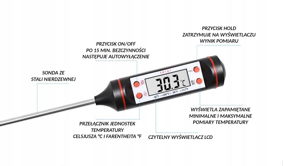 TERMOMETR SONDA do GRILLA MIĘSA WODY MLEKA + ETUI Rodzaj termometr z sondą