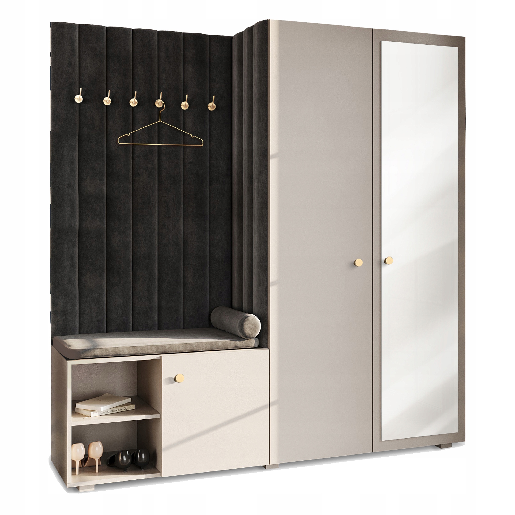 Šatní skříň do předsíně se zrcadlem Aria, sedák, kašmír, zlatý úchyt 31