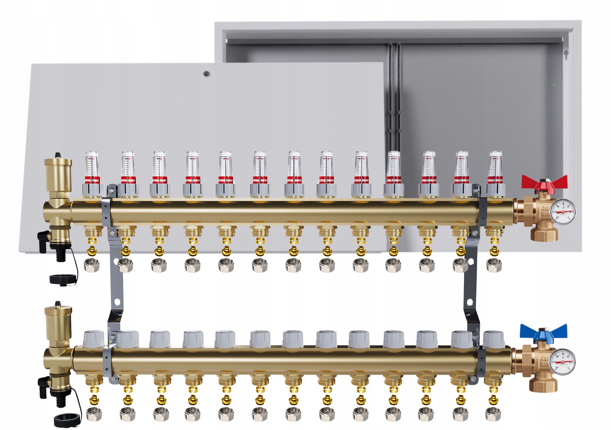 Rozdělovač Pro Podlahovou Krytinu 13 Okruhů Ventily Teploměr Krabička Pex