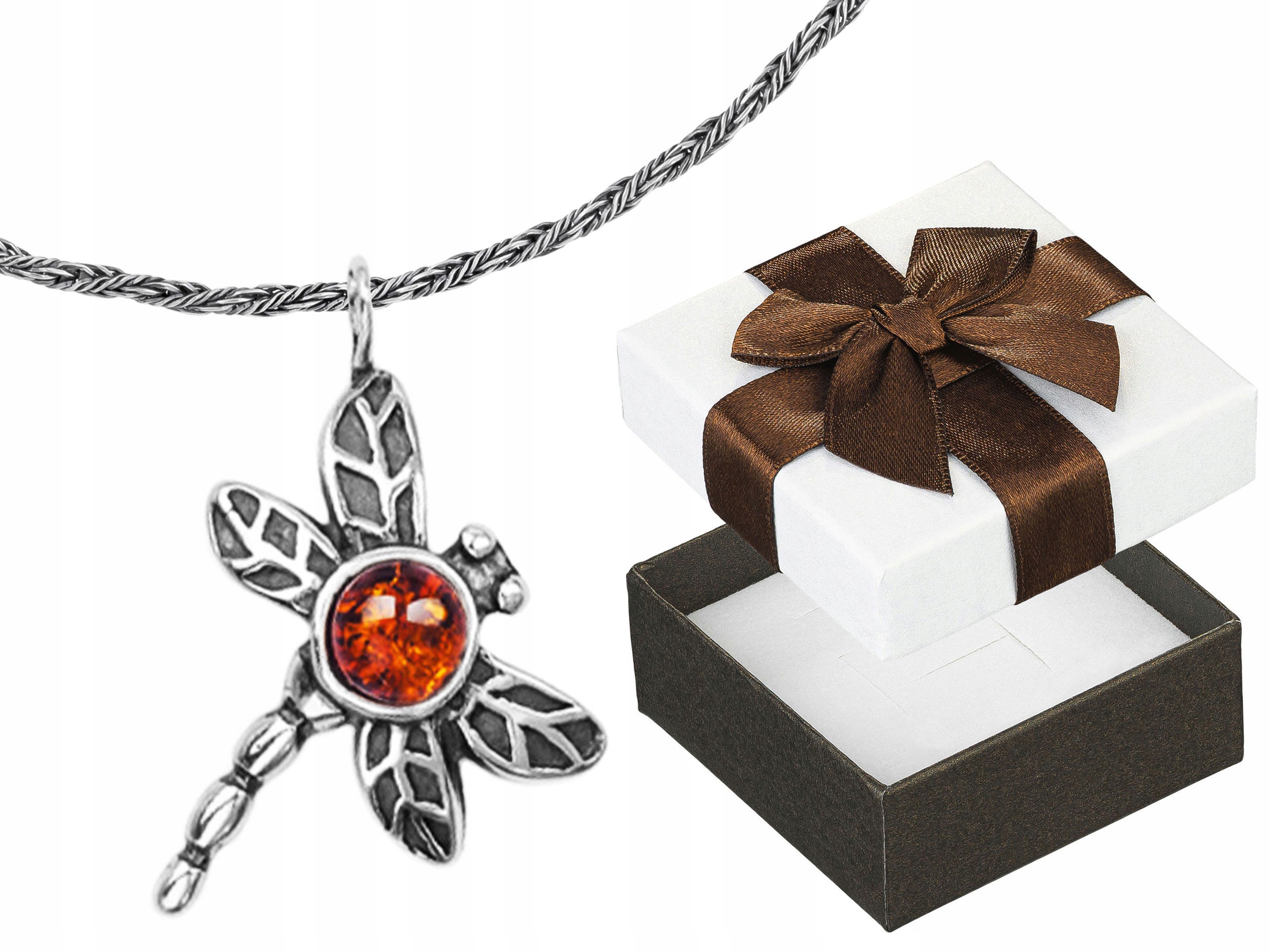 Krátký Stříbrný Dámský Oxidovaný Náhrdelník Vážka s Jantarem Choker 38 cm