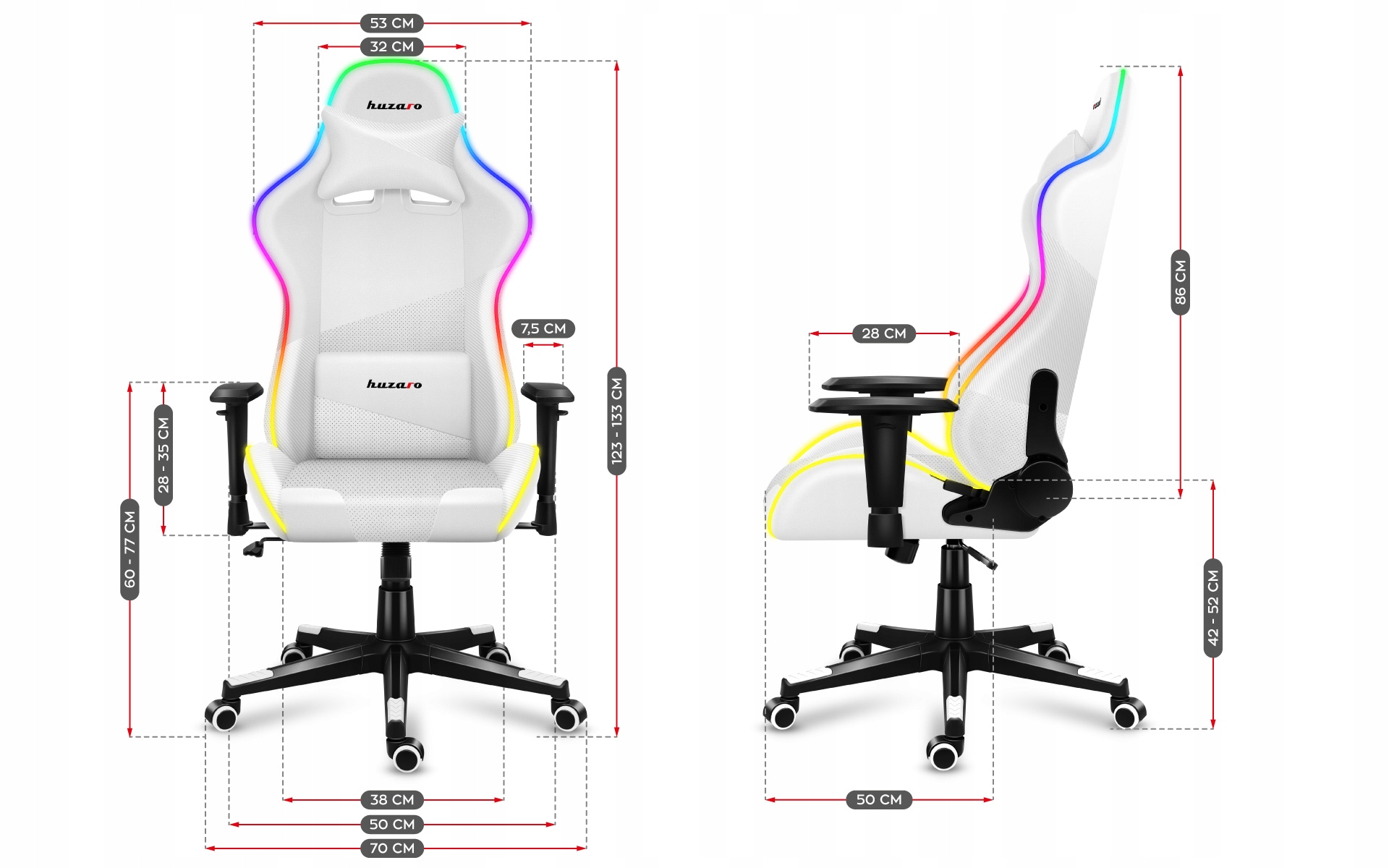 FOTEL GAMINGOWY GRACZA HUZARO RGB LED PILOT Głębokość siedziska 50 cm