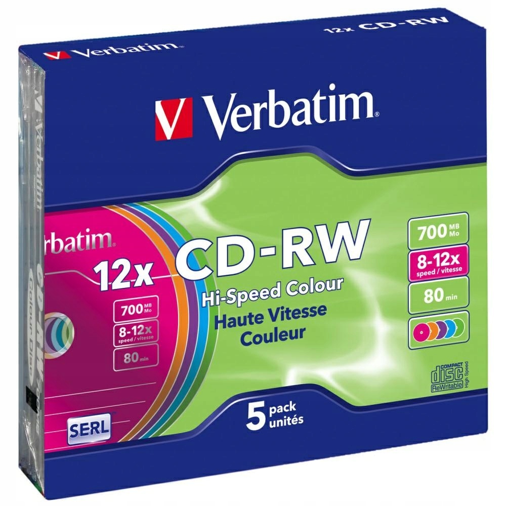 Płyta Cd-rw Verbatim Colour Sl 700MB 8-12X 5 szt. Multikolorowa
