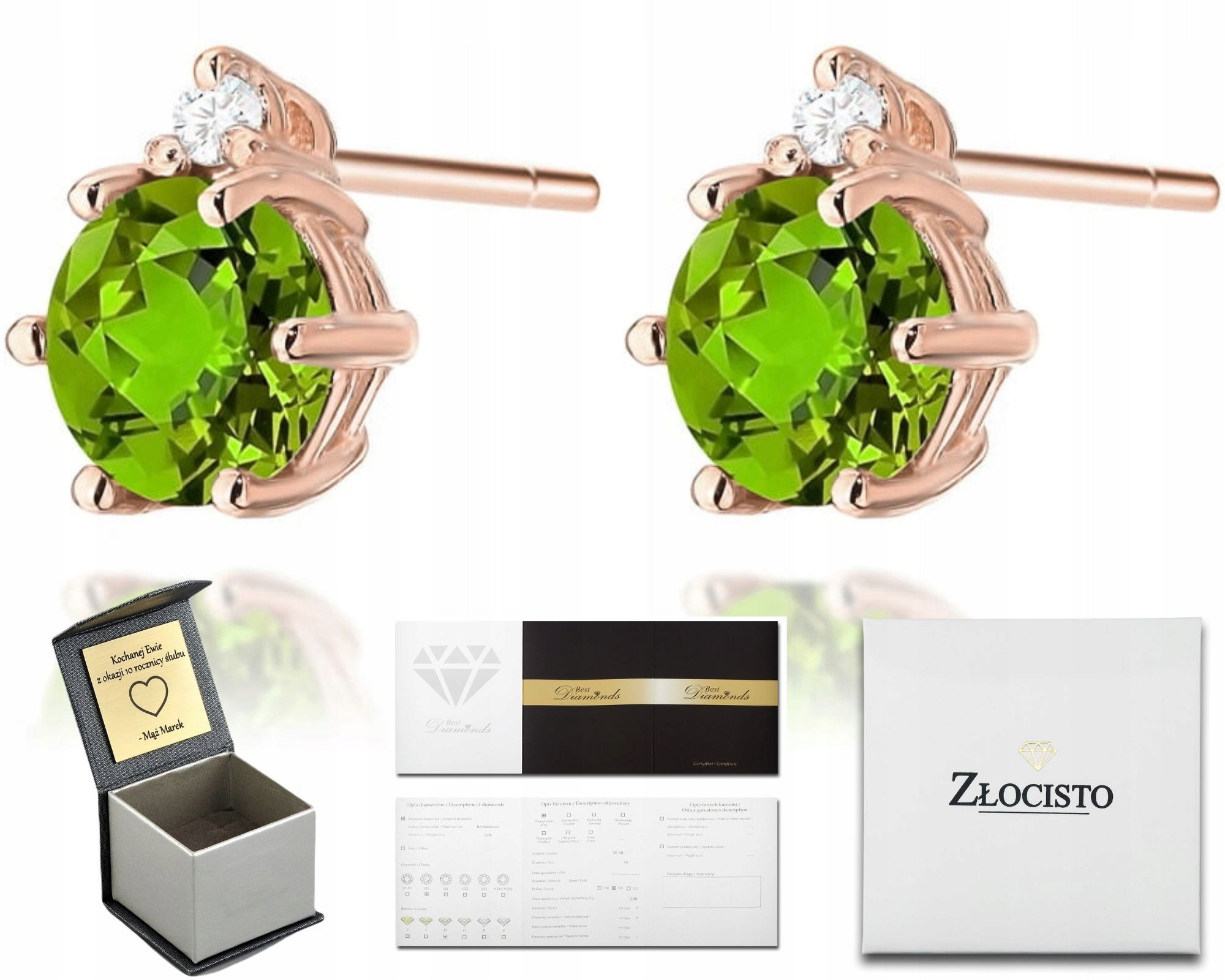 Náušnice Z Růžového Zlata S Olivínem A Brilianty V Ryzosti 585 Dárek