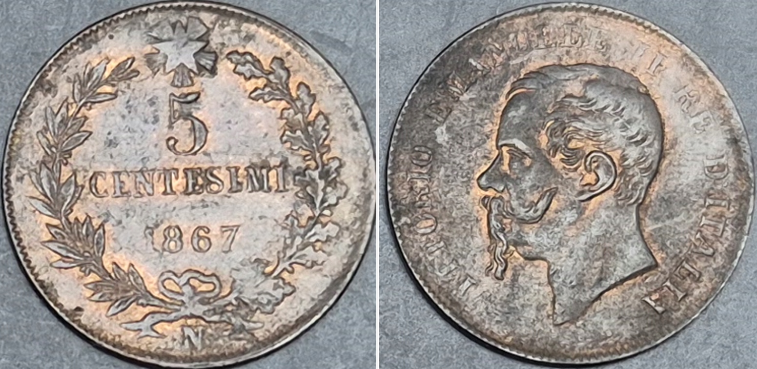 Włochy 5 centesimi 1867r. KM 3 Wiktor Emmanuel II lit. N