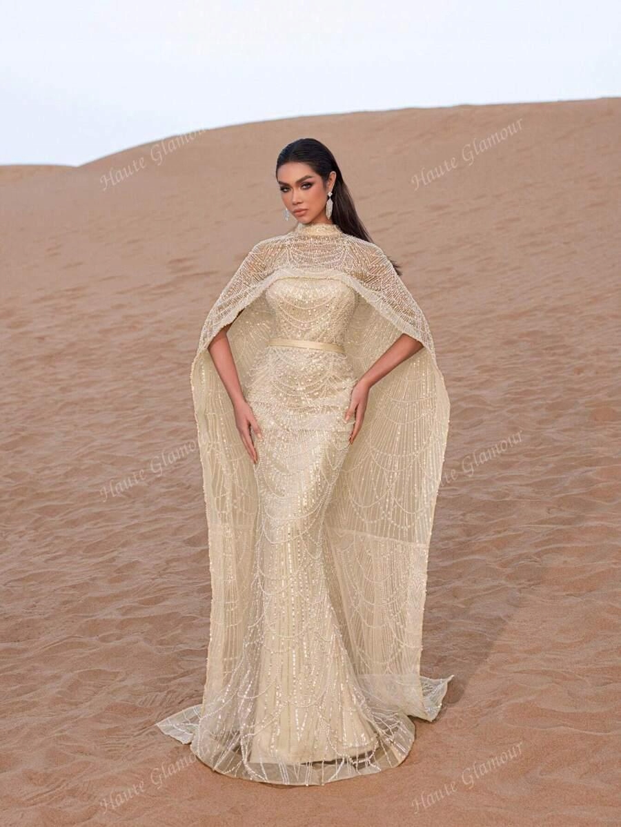 LC46205 Faeriesty Šaty Maxi, Bohatě Zdobené Flitry, Pláštěnka (26) Xs