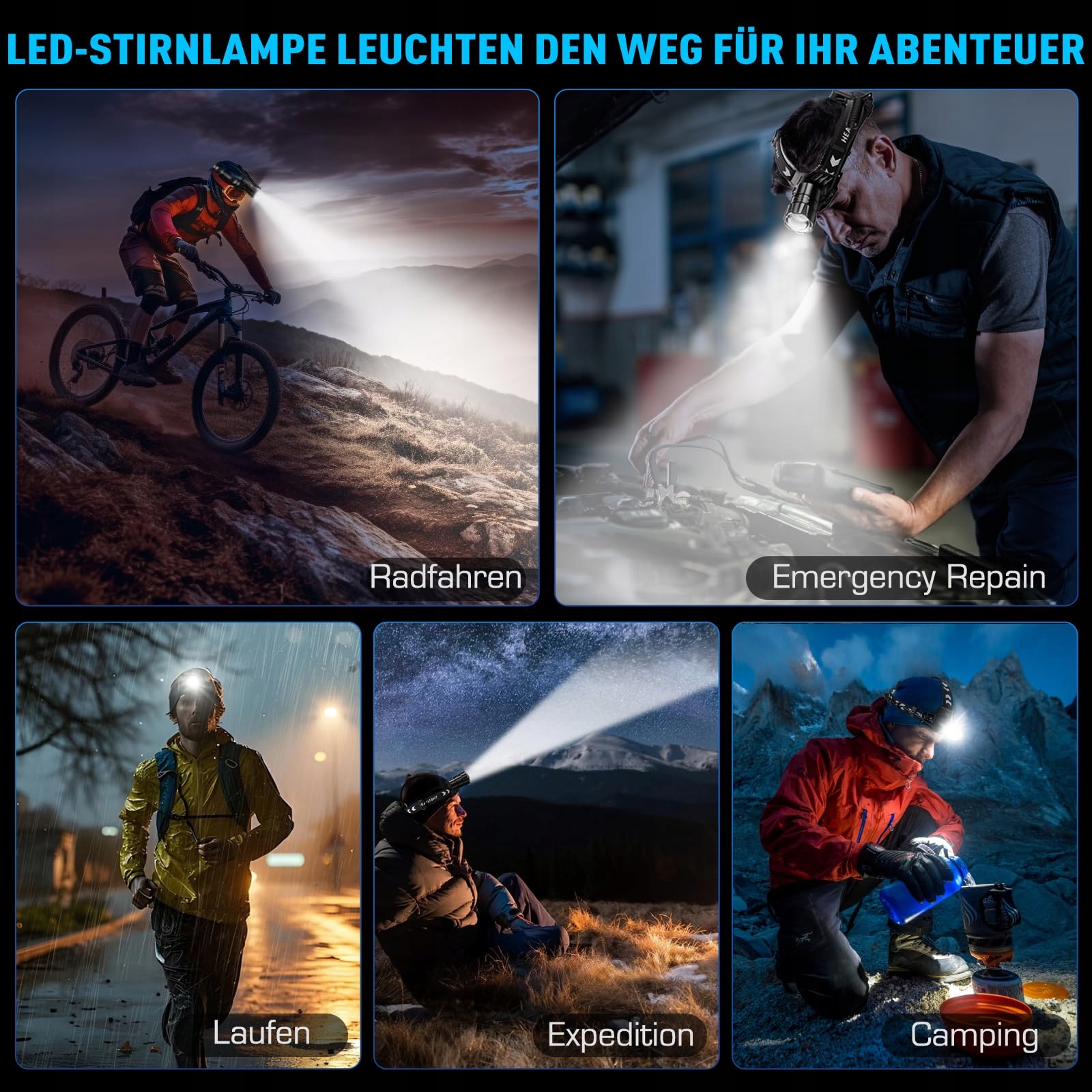 GLARYLIGHT Latarka Czołowa LED 120000 Lumen 5 Trybów Wodoodporna IPX7 — miniatura 8