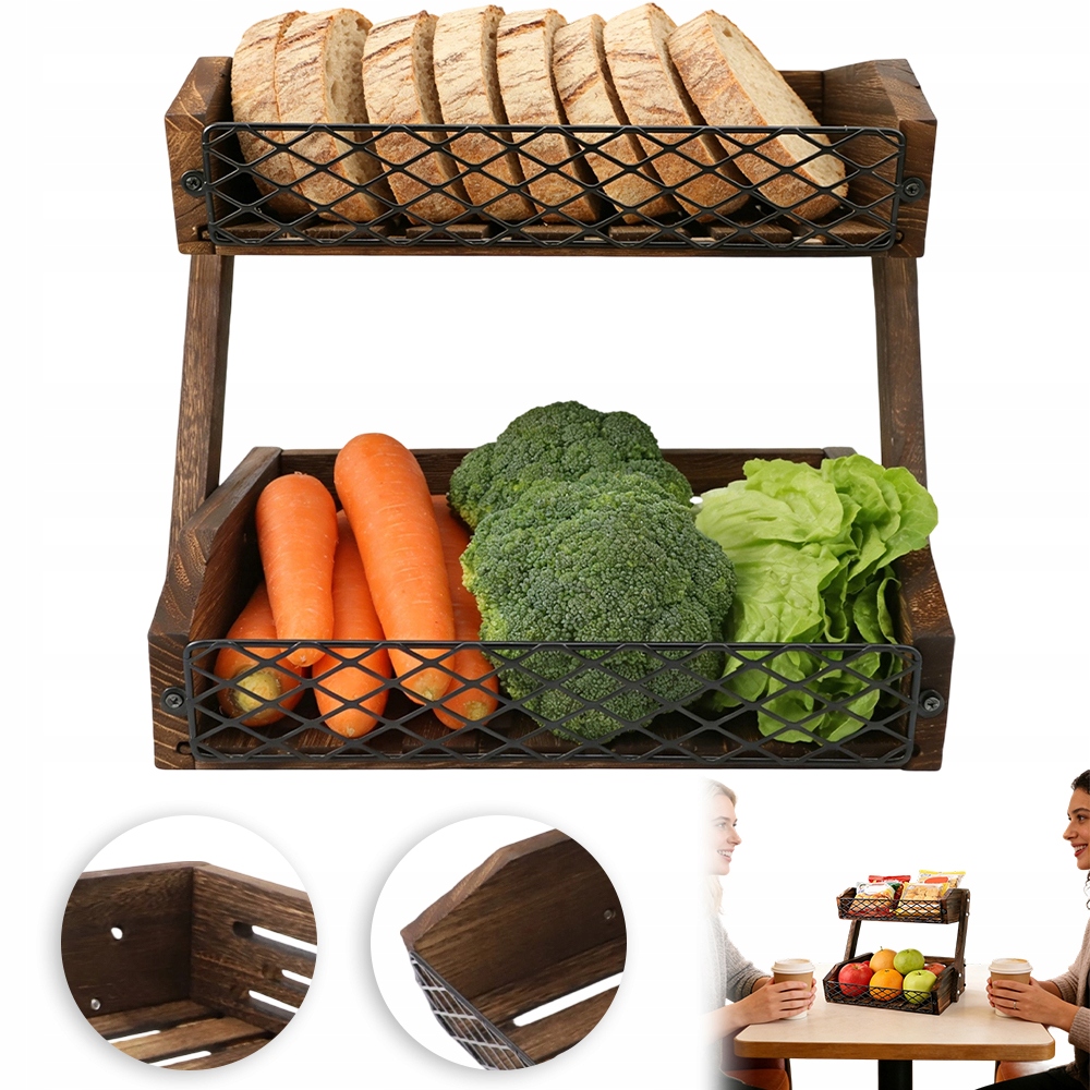 Patrový koš na ovoce 2 úrovně Hnědý s dřevěným úložným prostorem