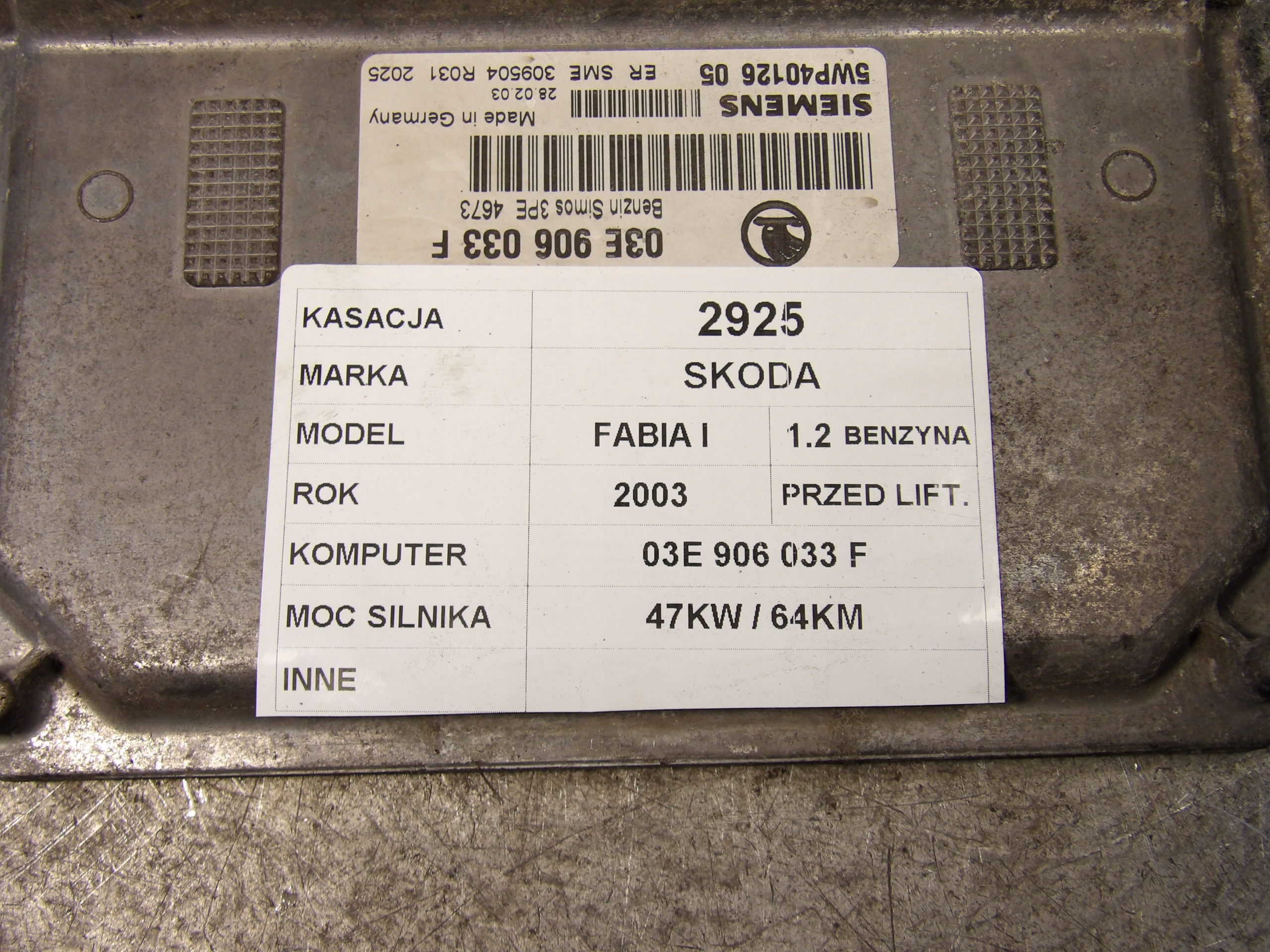 Skoda Fabia and computer, control unit 03E906033F 5WP4012605