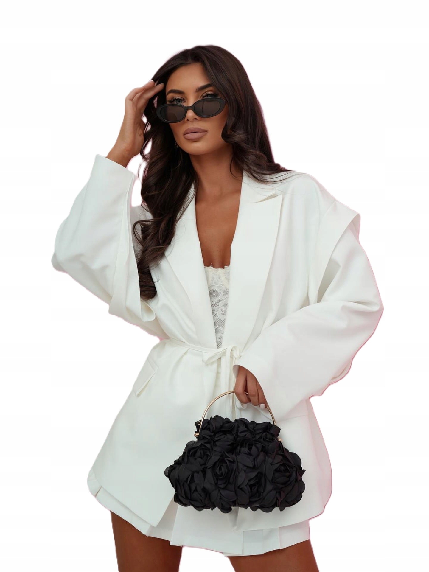 Biała Marynarka Damska Wiązana Paskiem Oversize Me Gusta [rozmiar