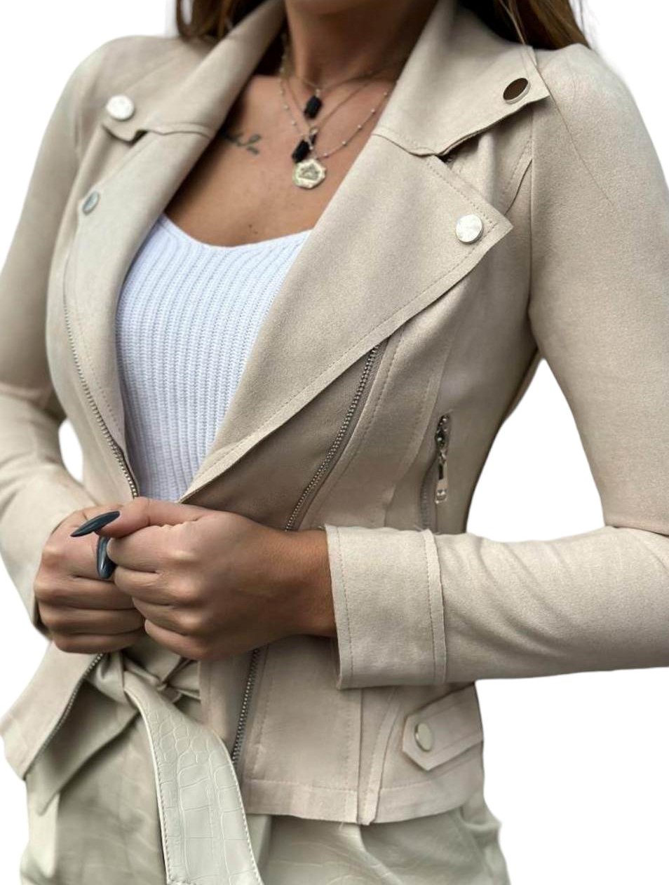 Kurtka Skórzana Zamszowa_ Ramoneska Beżowa 42/XL Marynarka Eko-Skóra