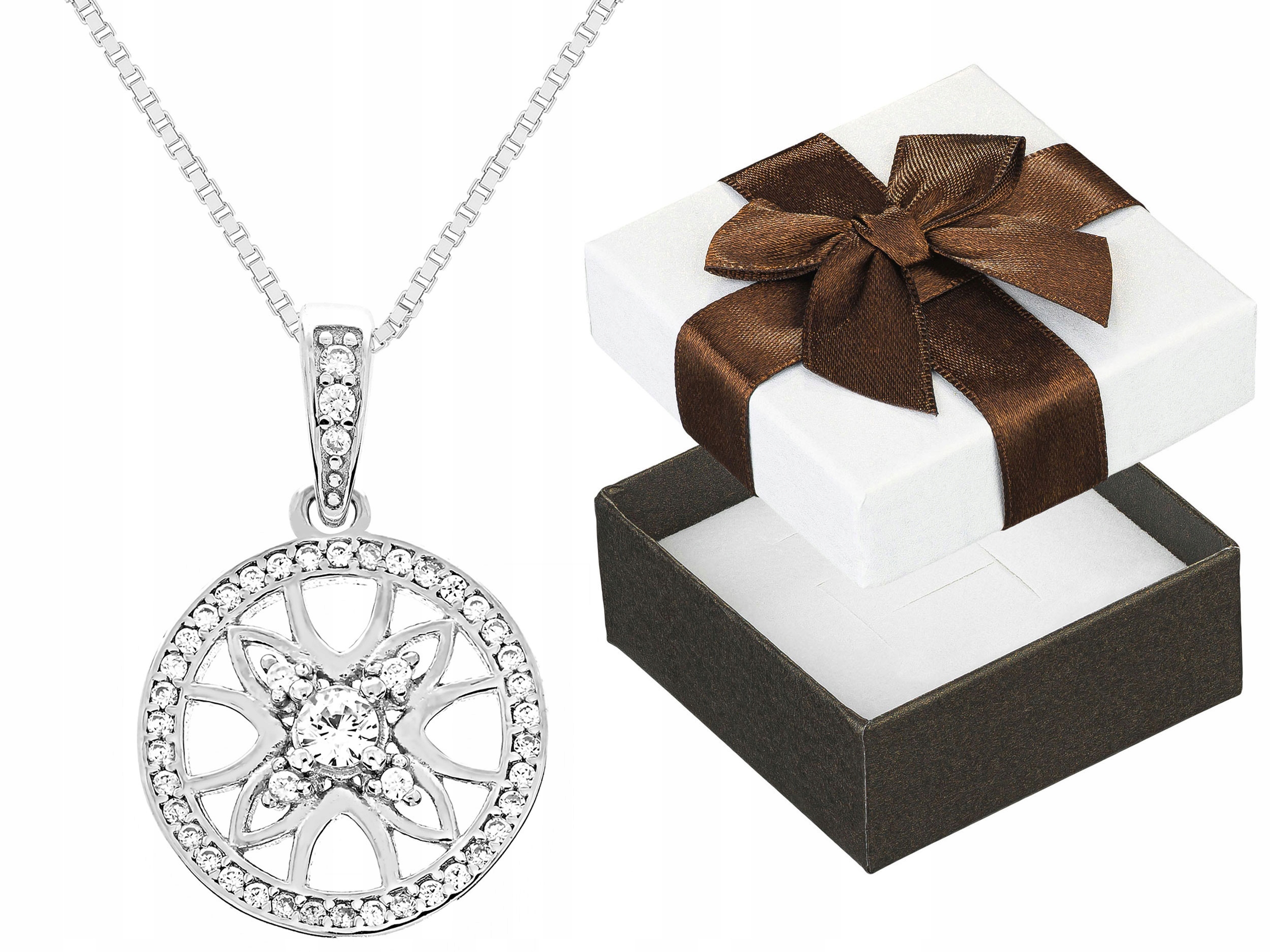 Dlouhý Stříbrný Ažurový Kulatý Náhrdelník Rozeta se Zirkony Kolo Stříbro 90