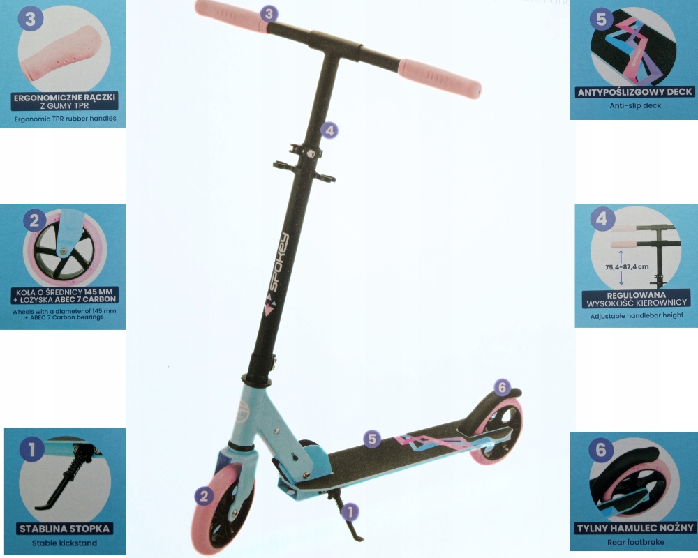 Hulajnoga Spokey 2-KOŁOWA Różowo błękitna Składana