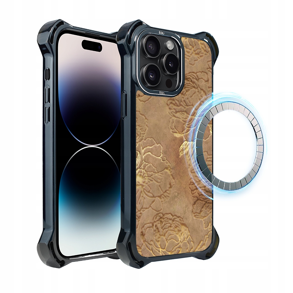 Pouzdro pro iPhone 14 Pro Ibizu DropGuard Ultra s MagSafe, Zlaté pivoňky