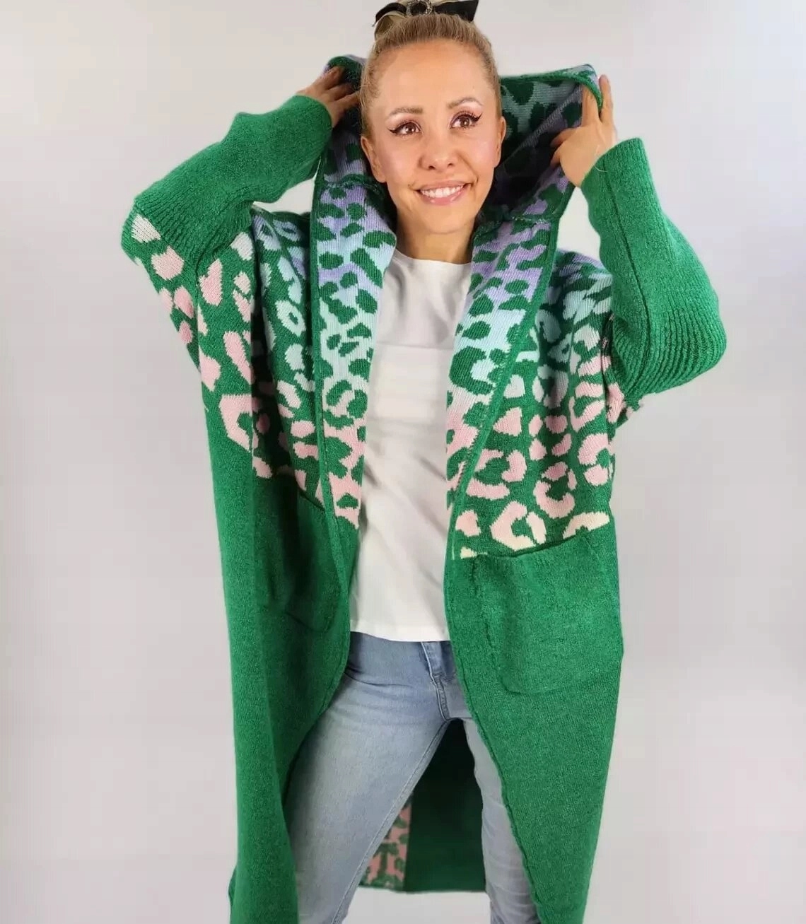 Kardigan mikina vlněný svetr panterka teplá L