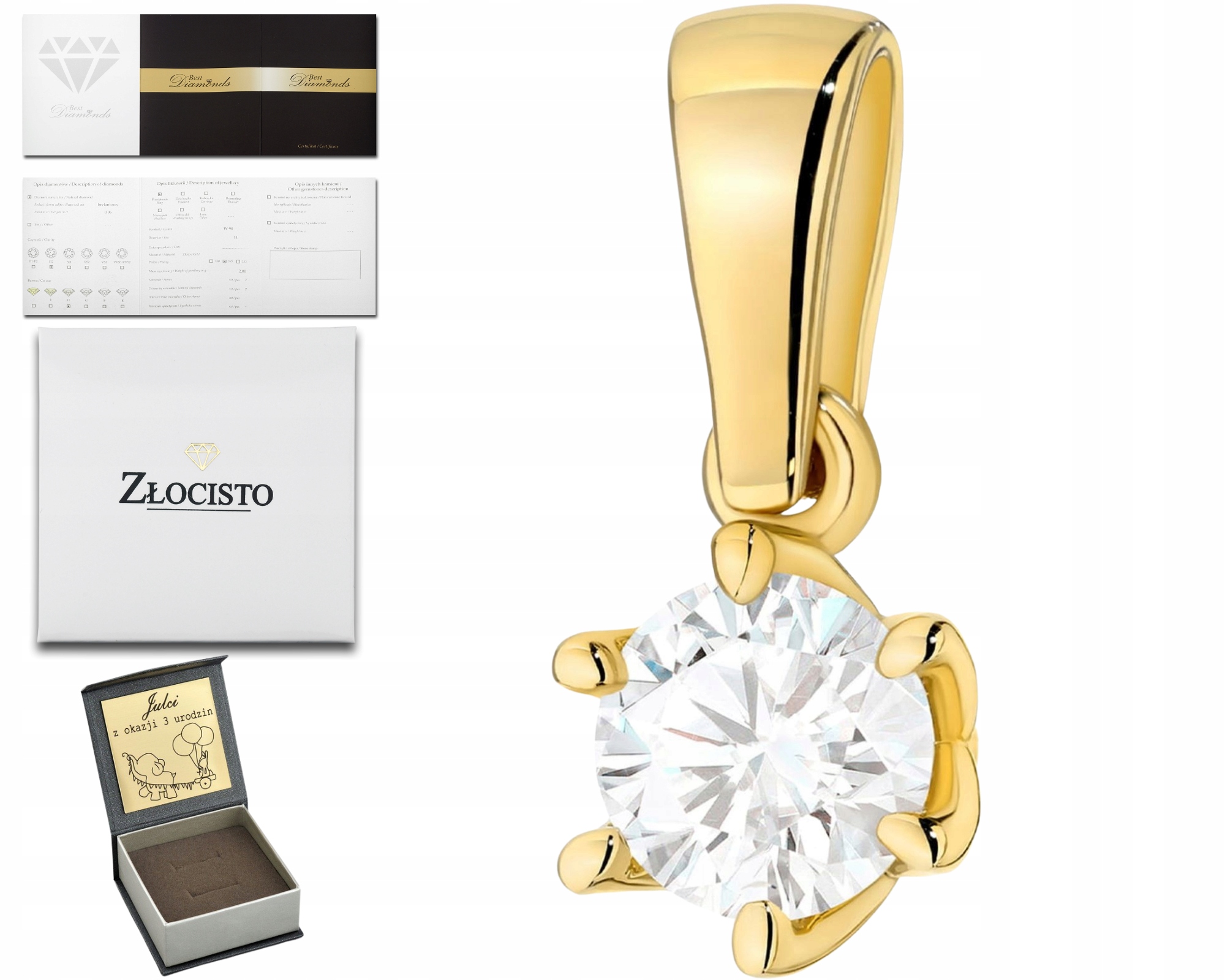 Luxusní Přívěsek Se Syntetickým Diamantem 0,40 Ct, Lesk Zlata A Drtič 585