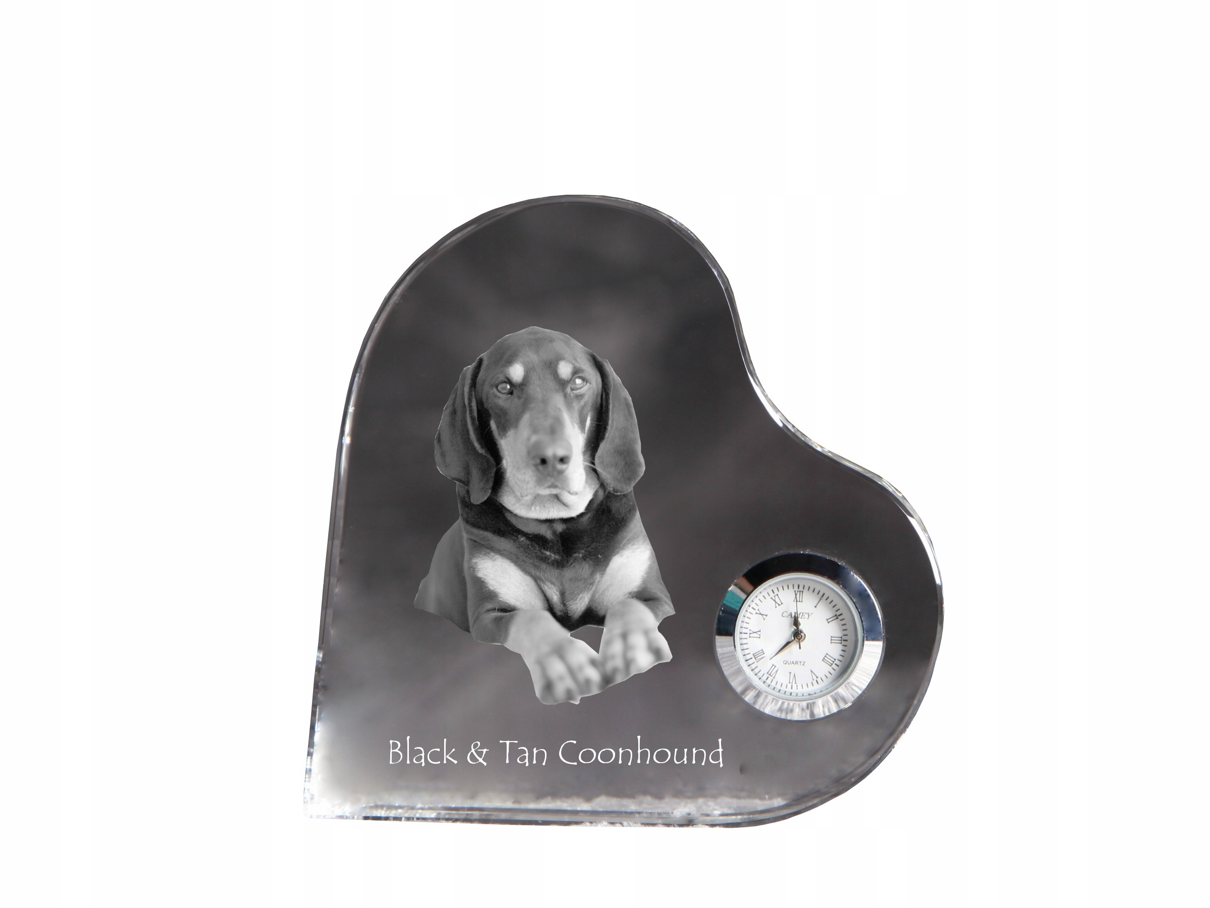Black and tan coonhound krištáľový hodinový strojček v tvare srdca s fotografiou