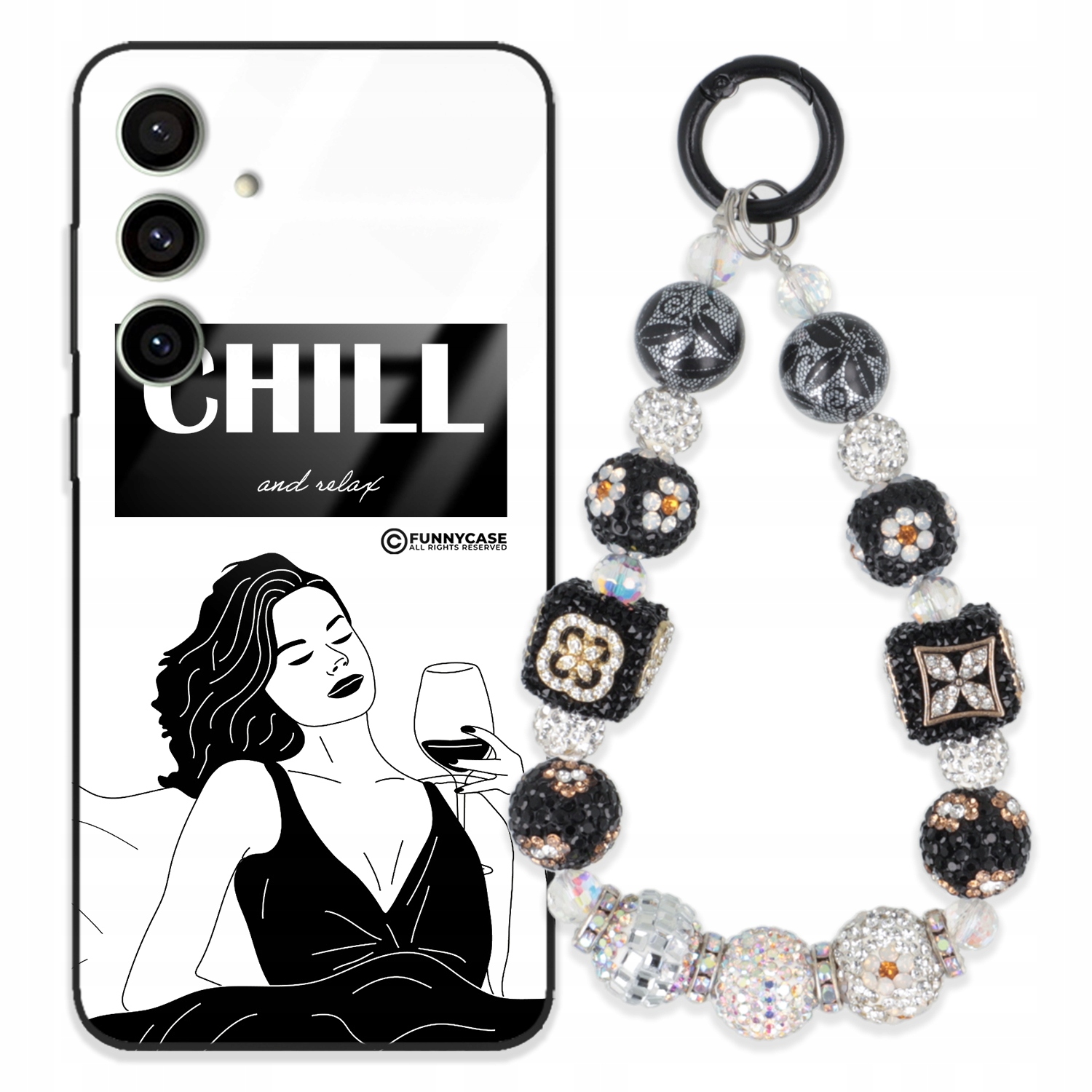Puzdro Na Samsung S24 Fe Glass Ženské Black&white Kľúčenka Strieborné Zirkóny Wz