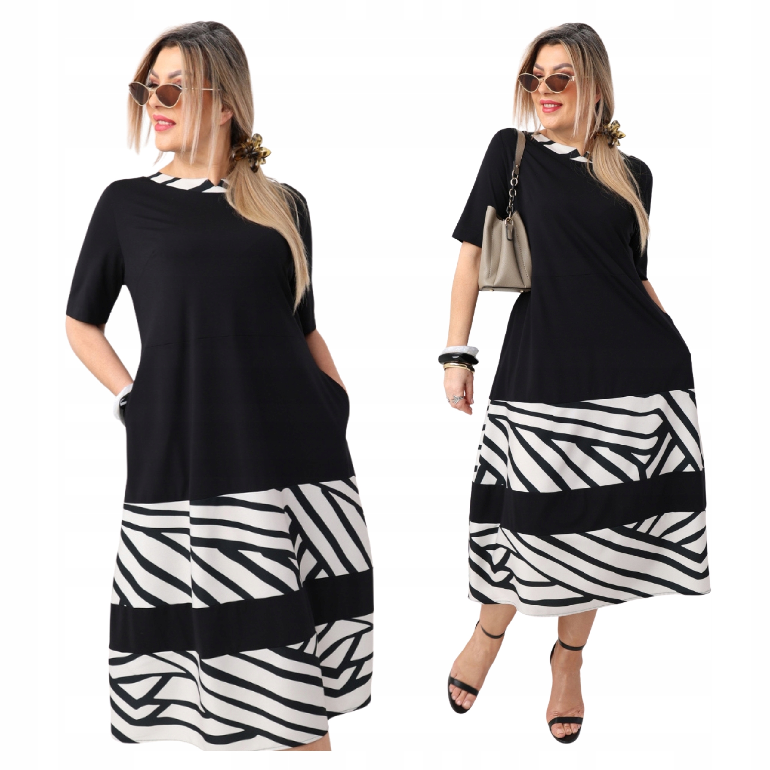 Sukienka rozkloszowana z kieszeniami Polski Producent duże rozmiary zwiewna