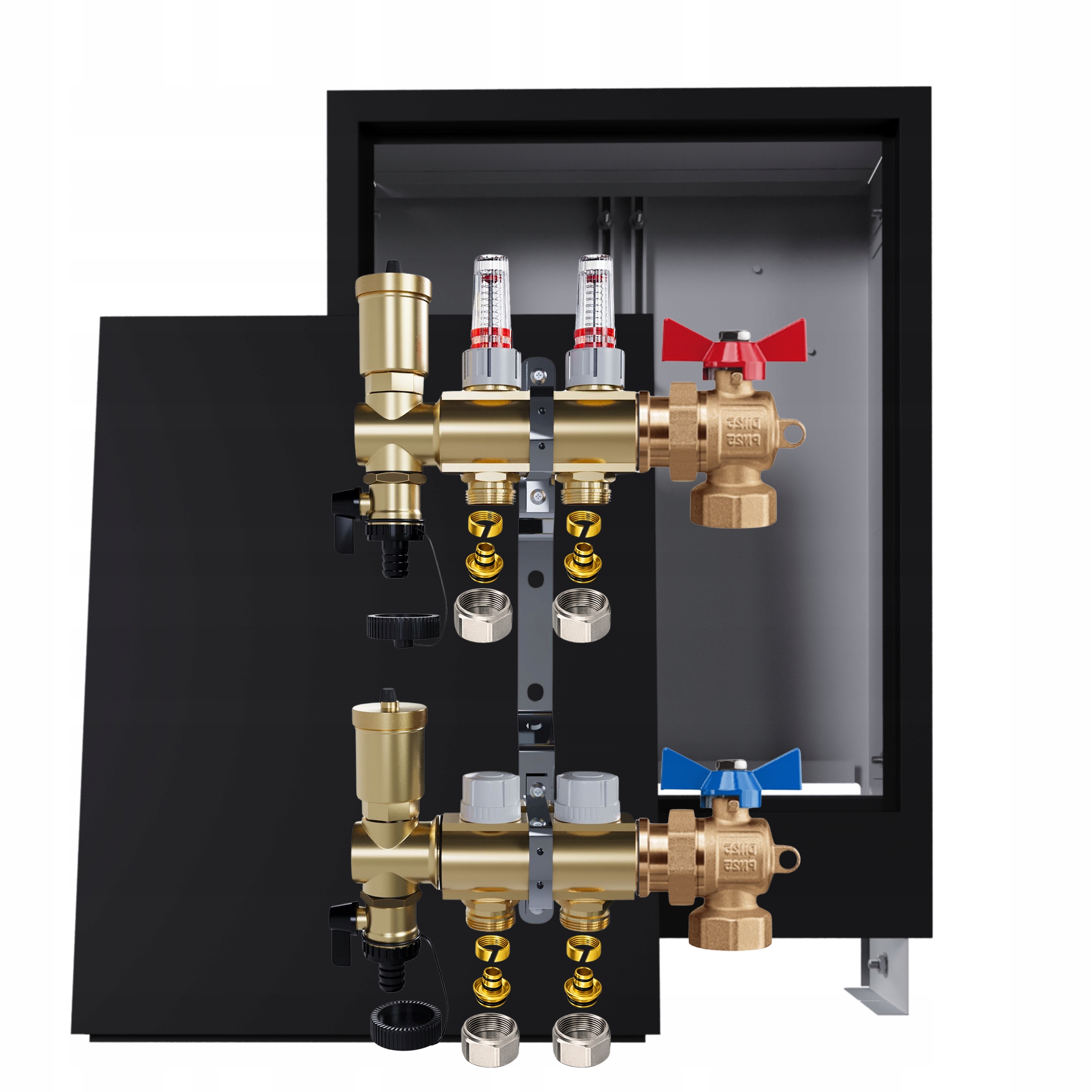 Rozdělovač podlahový mosazný 2 Podomítková skříňka černá ventily Pex