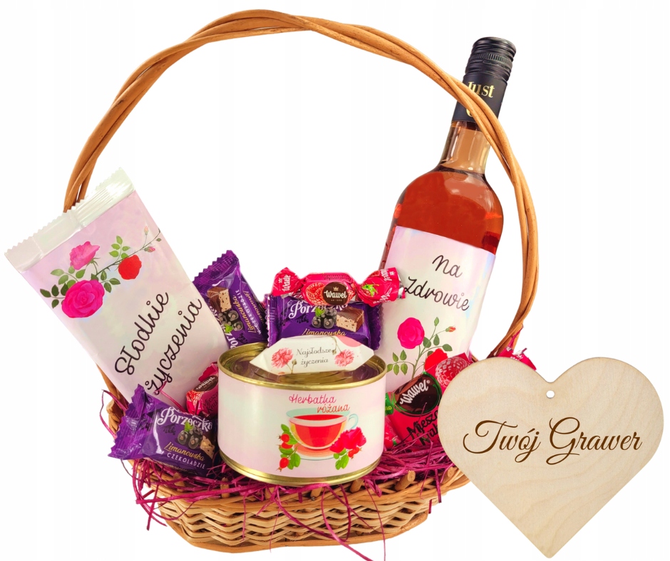 Levně Koš na Den žen pro maminku babičku, víno, čaj, gravírování, Dárek