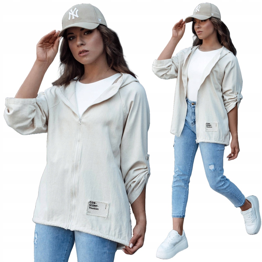 Kurtka Damska Przejściowa Z Kapturem Jasnobeżowa ty4479 S