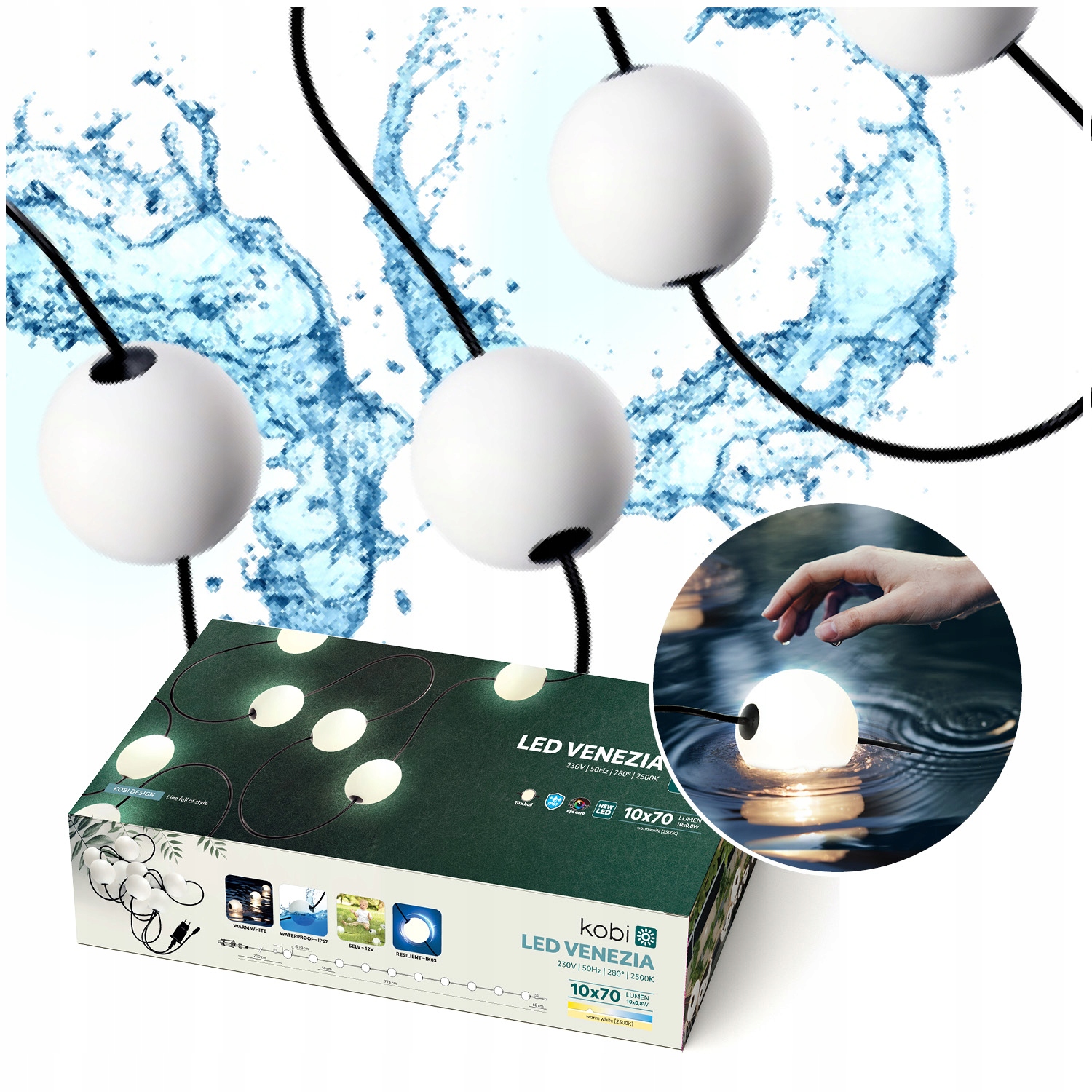 Girlanda Venezia pro jezírka a bazény teplá barva 10 kuliček 7,74 m