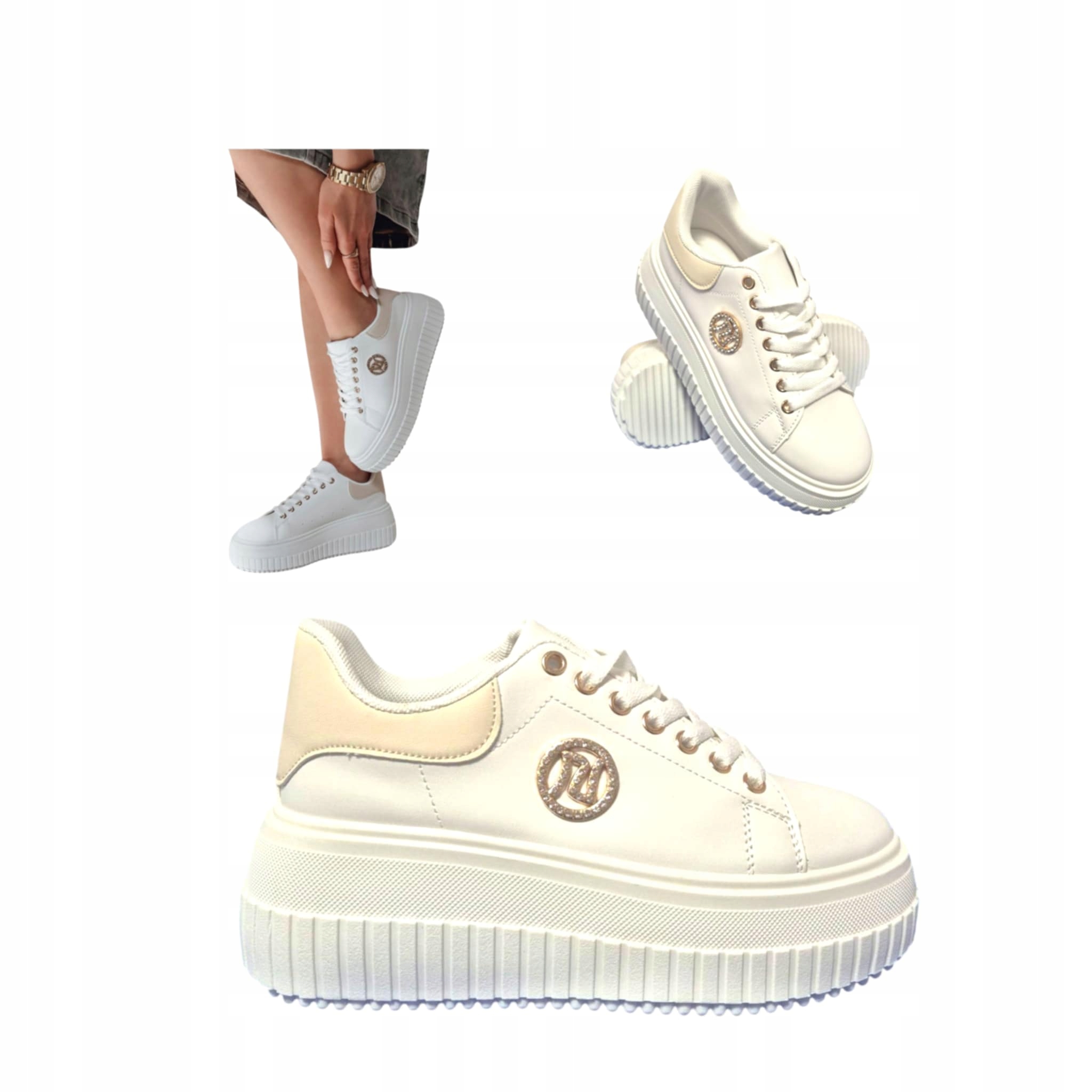 Damskie Półbuty Sneakersy Letnie Adidasy Skórzane na Platformie Białe 41