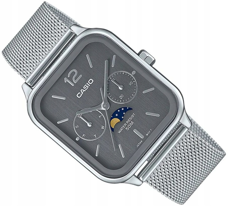 Elegantní Pánské Hodinky Casio MTP-M305M-8AVER Šedé Fáze Měsíce Mesh 34 mm