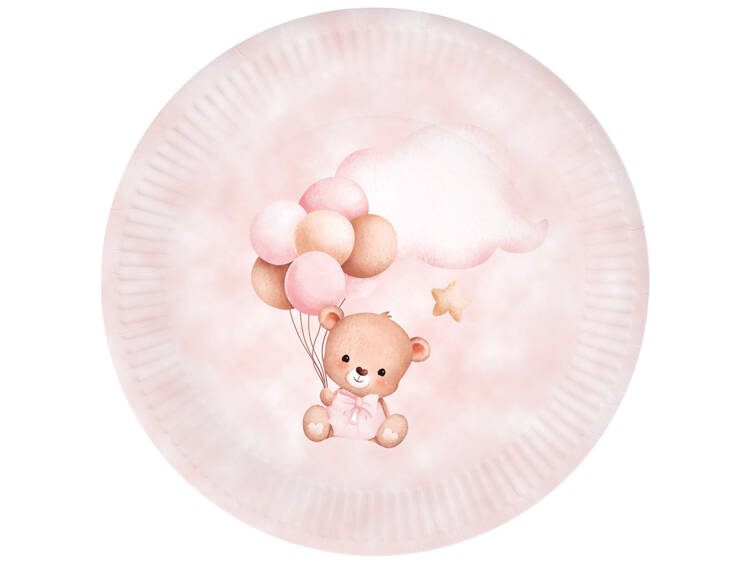 TALERZYKI PAPIEROWE RÓŻOWE MIŚ Z BALONAMI 18CM 6SZT ROCZEK BABY SHOWER