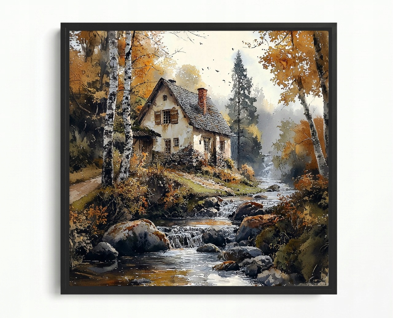 Obraz Rám Americký Box Krajina Podzimní Les Dům Chata Řeka Vodopád 50x50