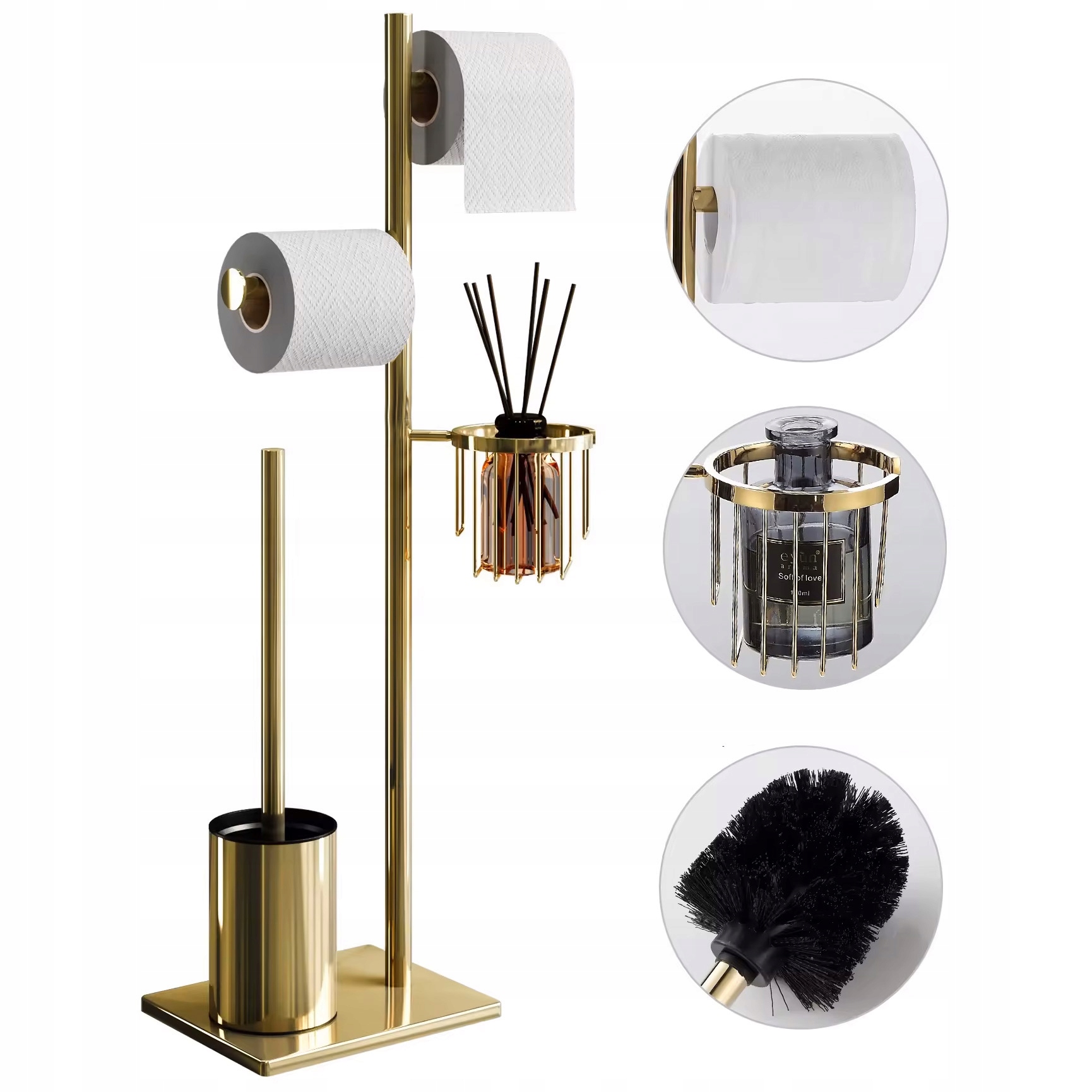 STOJAK NA PAPIER TOALETOWY ZE SZCZOTKĄ ZŁOTY SZCZOTKA WC UCHWYT NA PAPIER Wysokość produktu 70 cm