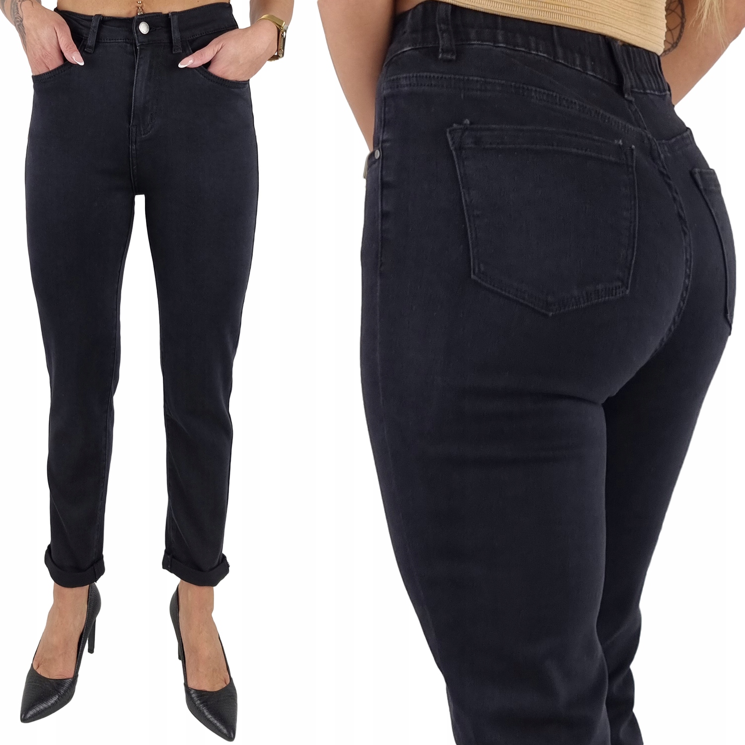 Dámské Kalhoty Mom Fit Džíny Černé Vysoký Pas, Volné Nohavice