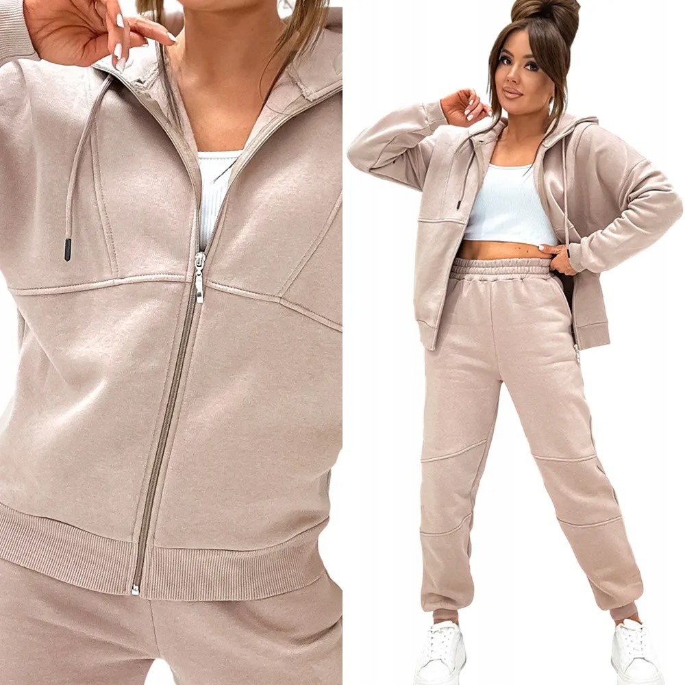 Zateplená Dámská Teplákovka Sportovní bavlněná souprava s kapucí Univerzální Velikost Béžová
