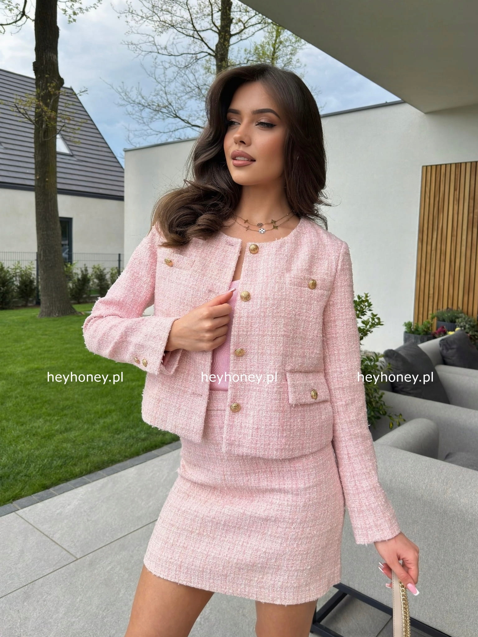 Tvídový žaket se zlatými knoflíky Růžový Colette M