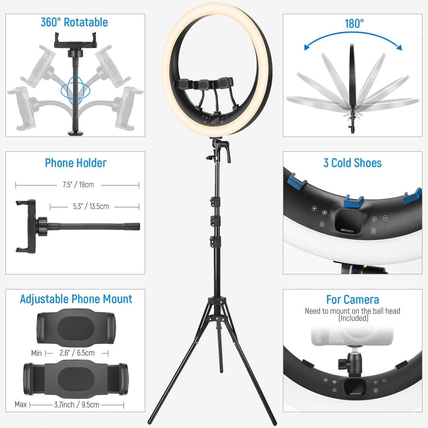 NEEWER 19 Cali Lampa Pierścieniowa Stojak 3 Uchwyt Telefonu 3200K-5600K — miniatura 7