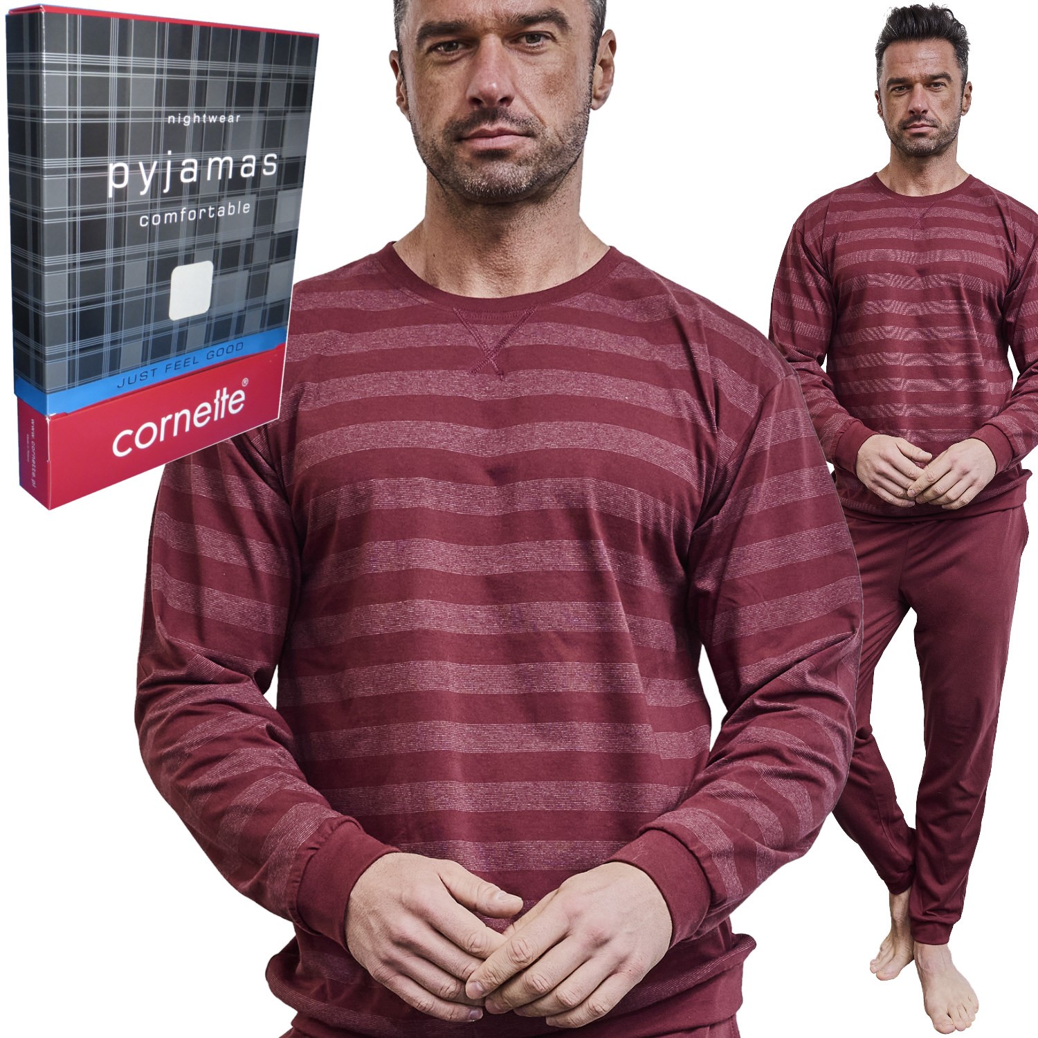 Cornette pánské pyžamo bavlna 117/320 Loose 16 proužky vínová (bordó) S