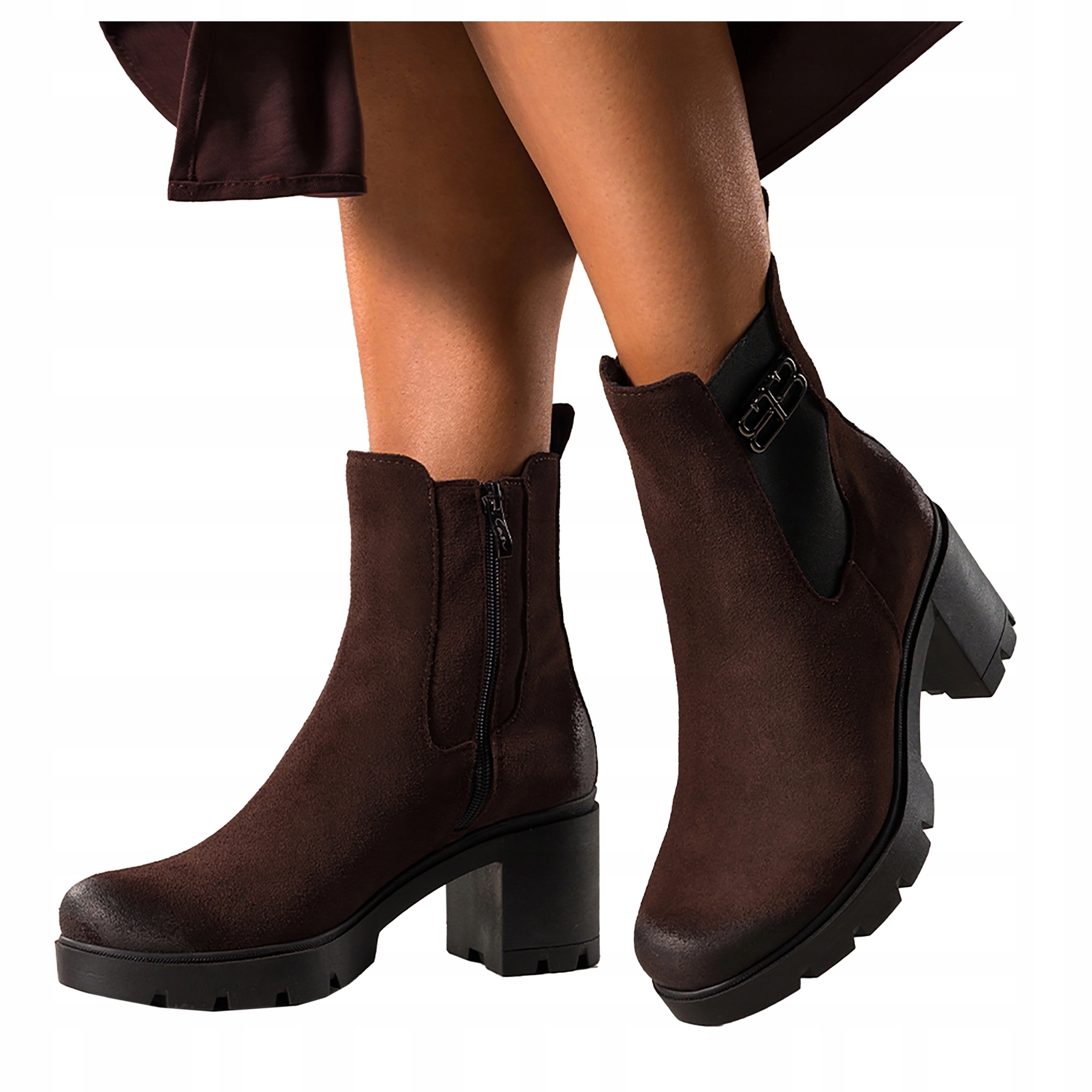 Dámské Kotníkové Boty Čokoládové Kožené Pohodlné Široké Modní Klocek s gumou, velikost 38