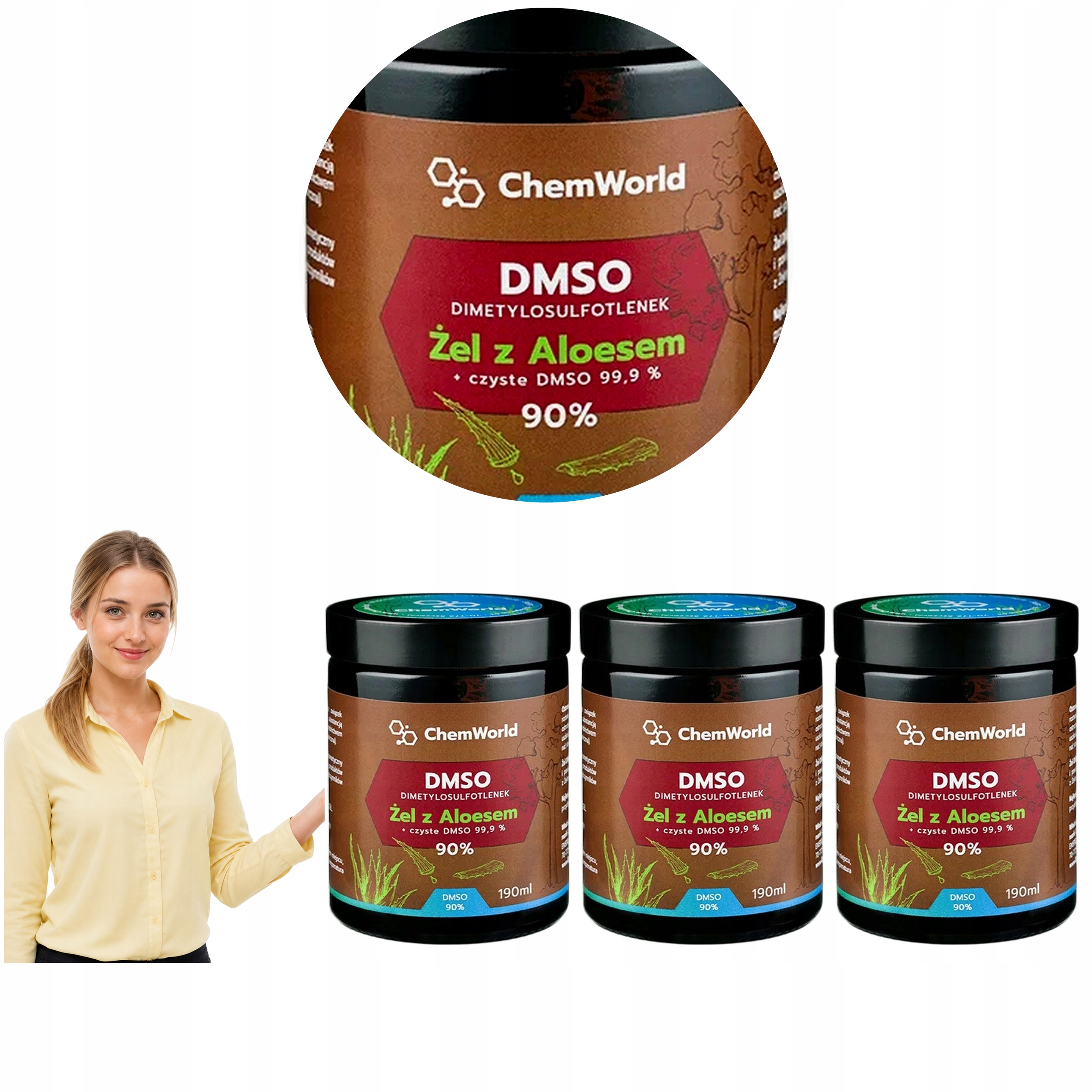 3x Chemworld Żel Dmso 90% z Aloesem Dimetylosulfotlenek Aloe Vera 190 ml