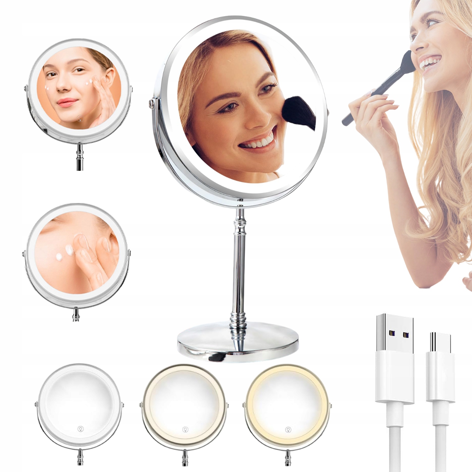 Kosmetické Led Zrcátko Pro Líčení, Oboustranné, Zvětšující, Podsvícené