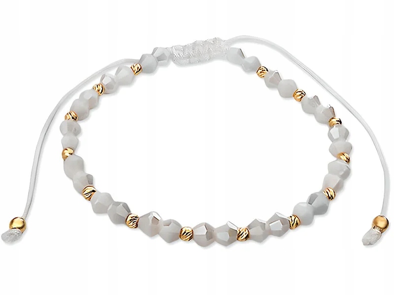 Zlatý provázkový náramek 585 14k s bílými kameny a zlatými kuličkami 19 Cm