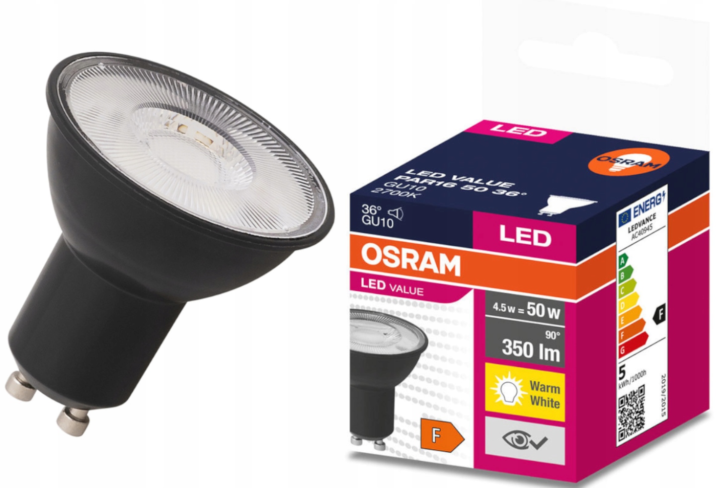 

Żarówka Led GU10 4,5W =50W 2700K 36' Czarna Osram