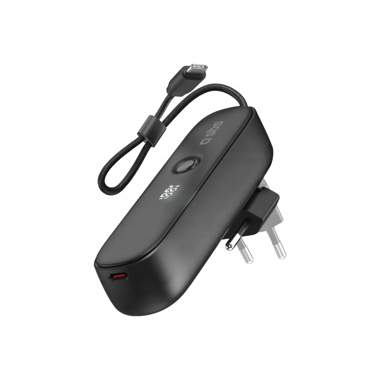 Powerbanka 5000 mAh s vstavaným skladacím káblom a zástrčkou Pd 20 W čierna