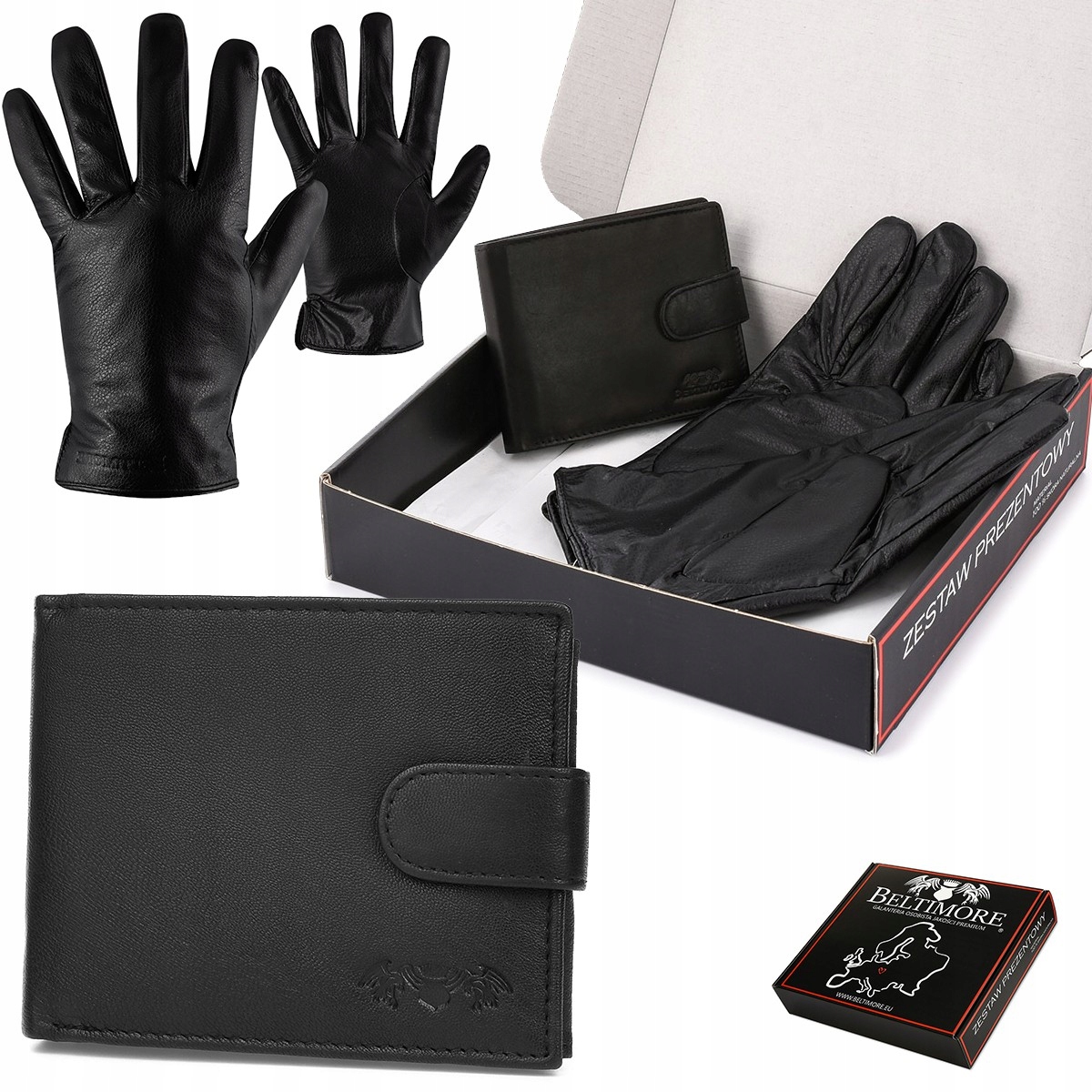 Pánská kožená sada horizontálních peněženek s černými rukavicemi Beltimore T89