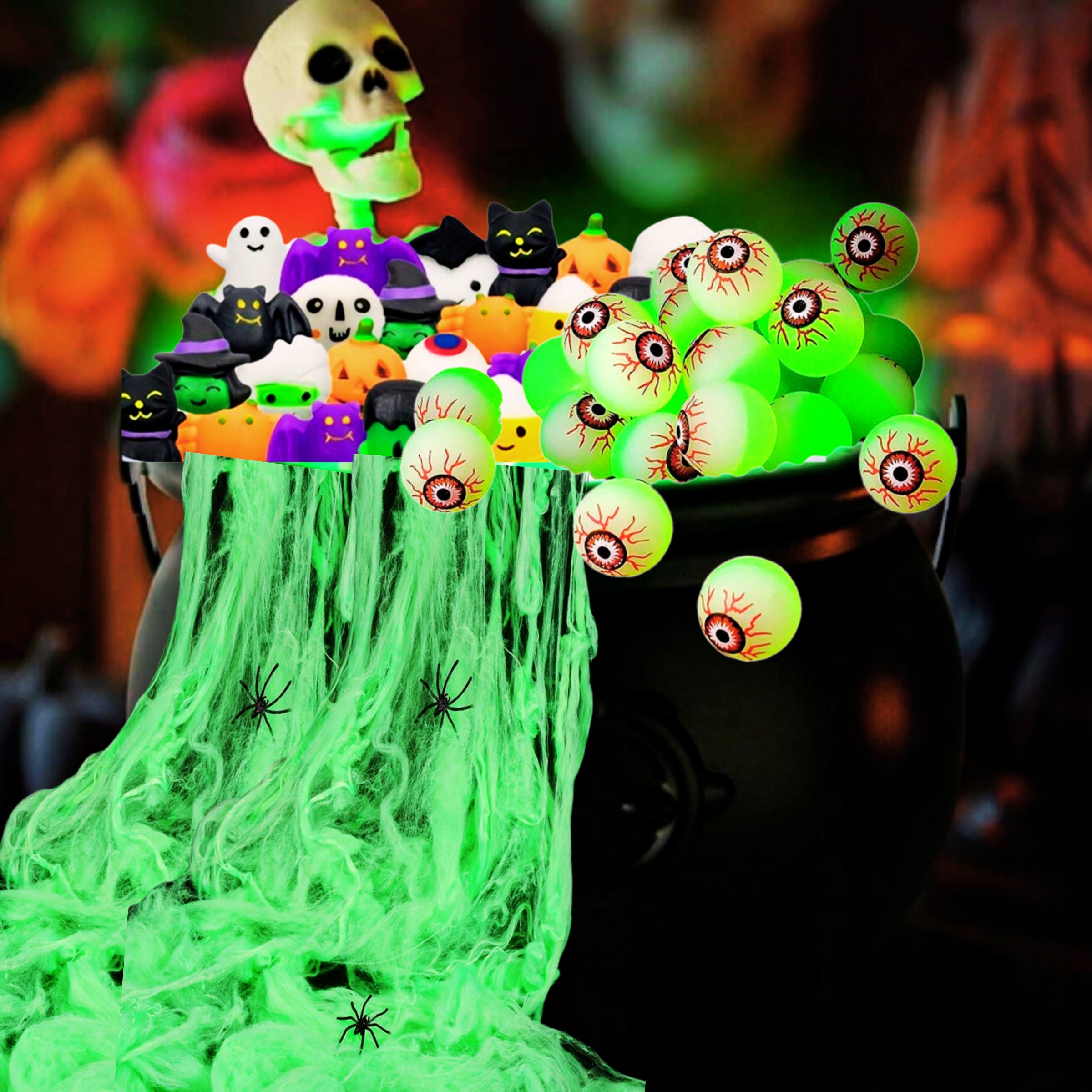 KOCIOŁEK KOSZ NA SŁODYCZE Z 23 AKCESORIAMI GNIOTKI PIŁKI OCZY PAJĘCZYNA 24H Marka bez marki