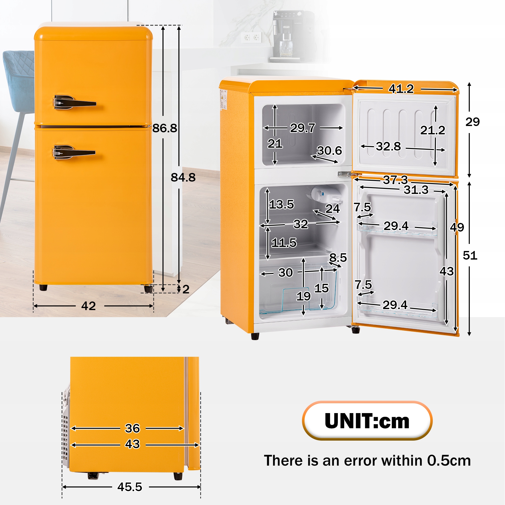 LODÓWKA DWUDRZWIOWA RETRO 60L Żółty Kolor dominujący żółty/złoty