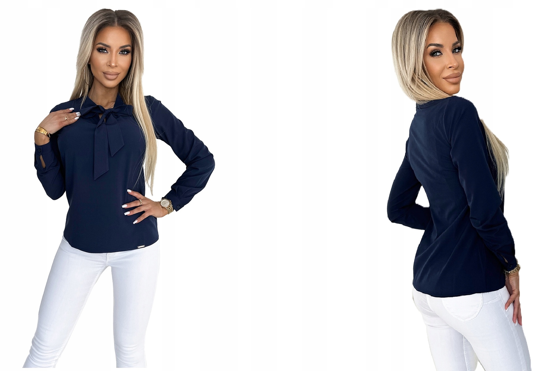 Elegantní Mikina Do Práce Na Schůzku Se Zavazováním Kolem Krku, Tmavě Modrá, Xs