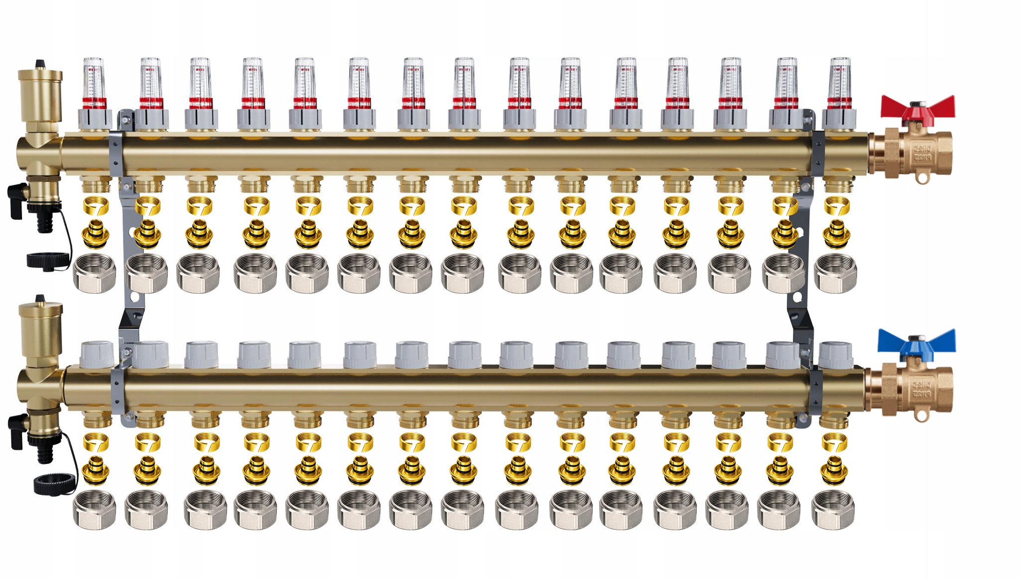 Rozdělovač pro podlahové vytápění – 15 okruhů jednoduché ventily Pex