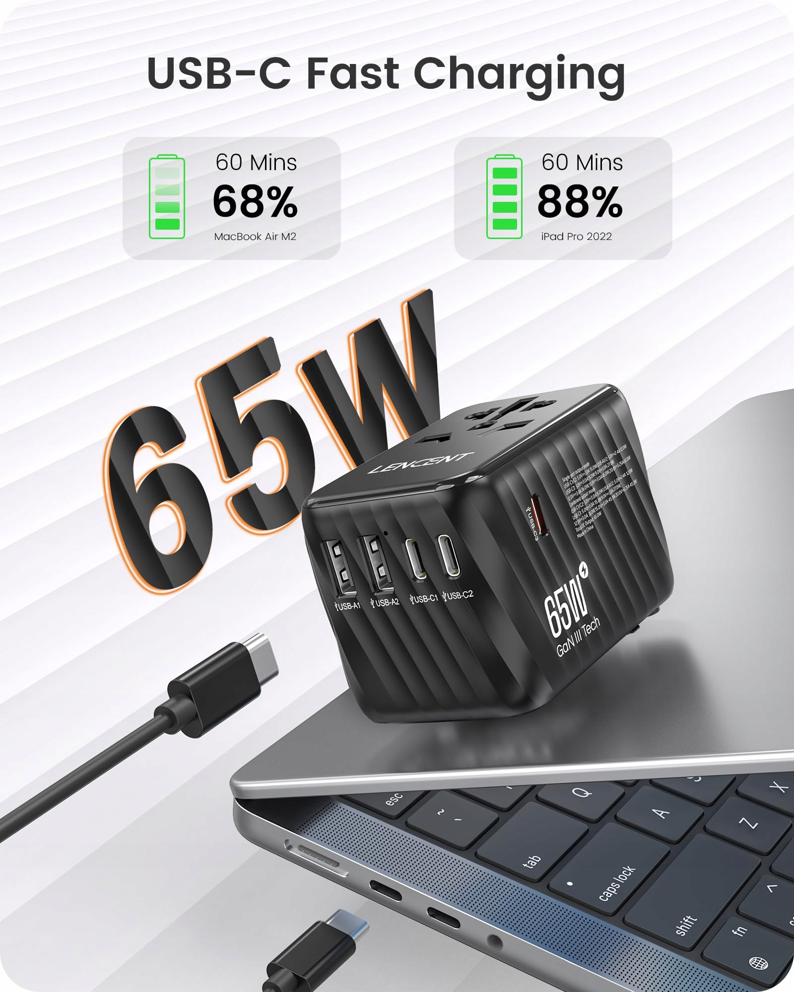 LENCENT Adapter Podróżny 65W GaN3 USB A Typ C Do EU USA UK AU — miniatura 2